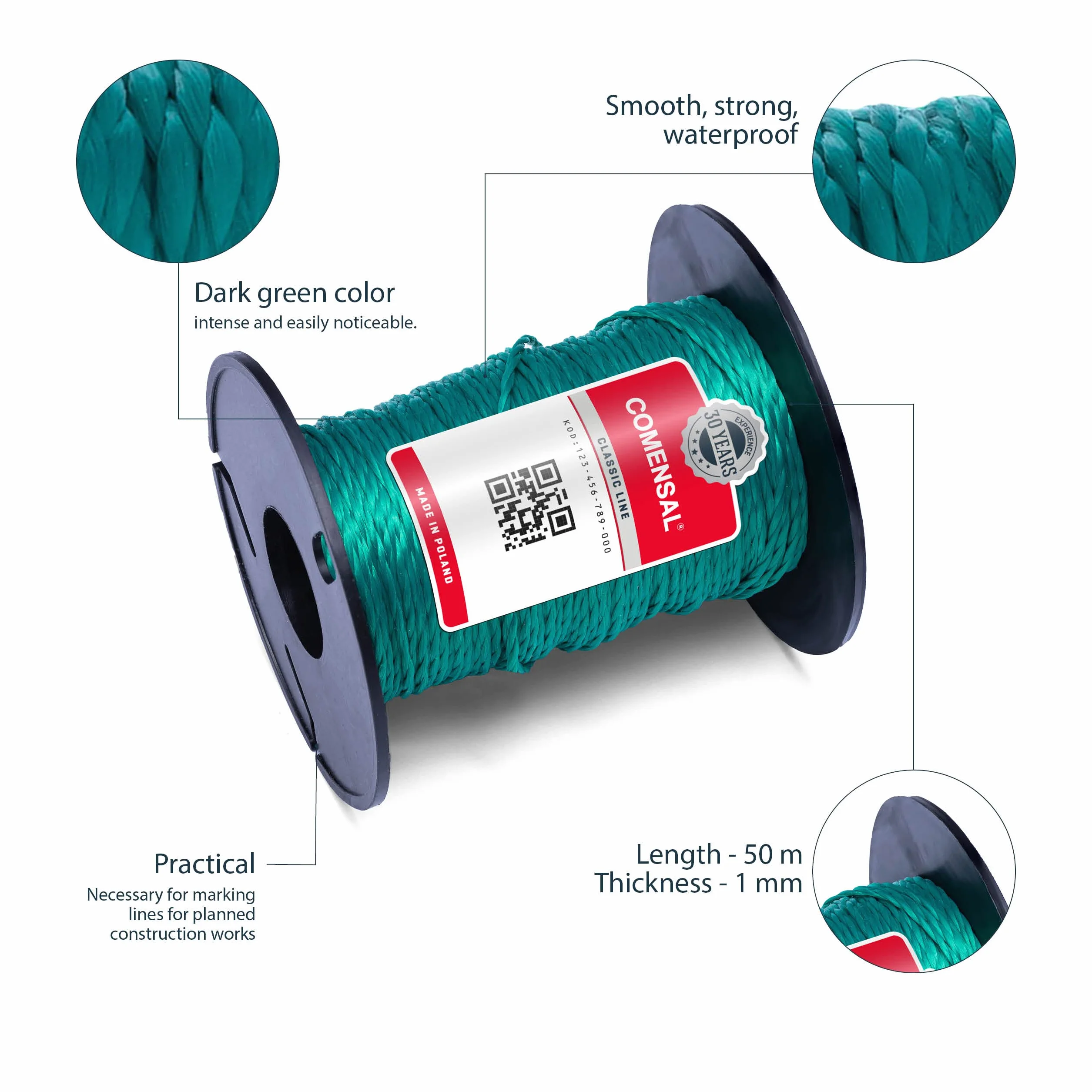 COMENSAL® Corde per muratura 50 m - Cavo da muratore in polietilene - Filo da muratore - Spago di Mason - Spessore 1 mm - Resistente allo strappo e affidabile – Made in EU