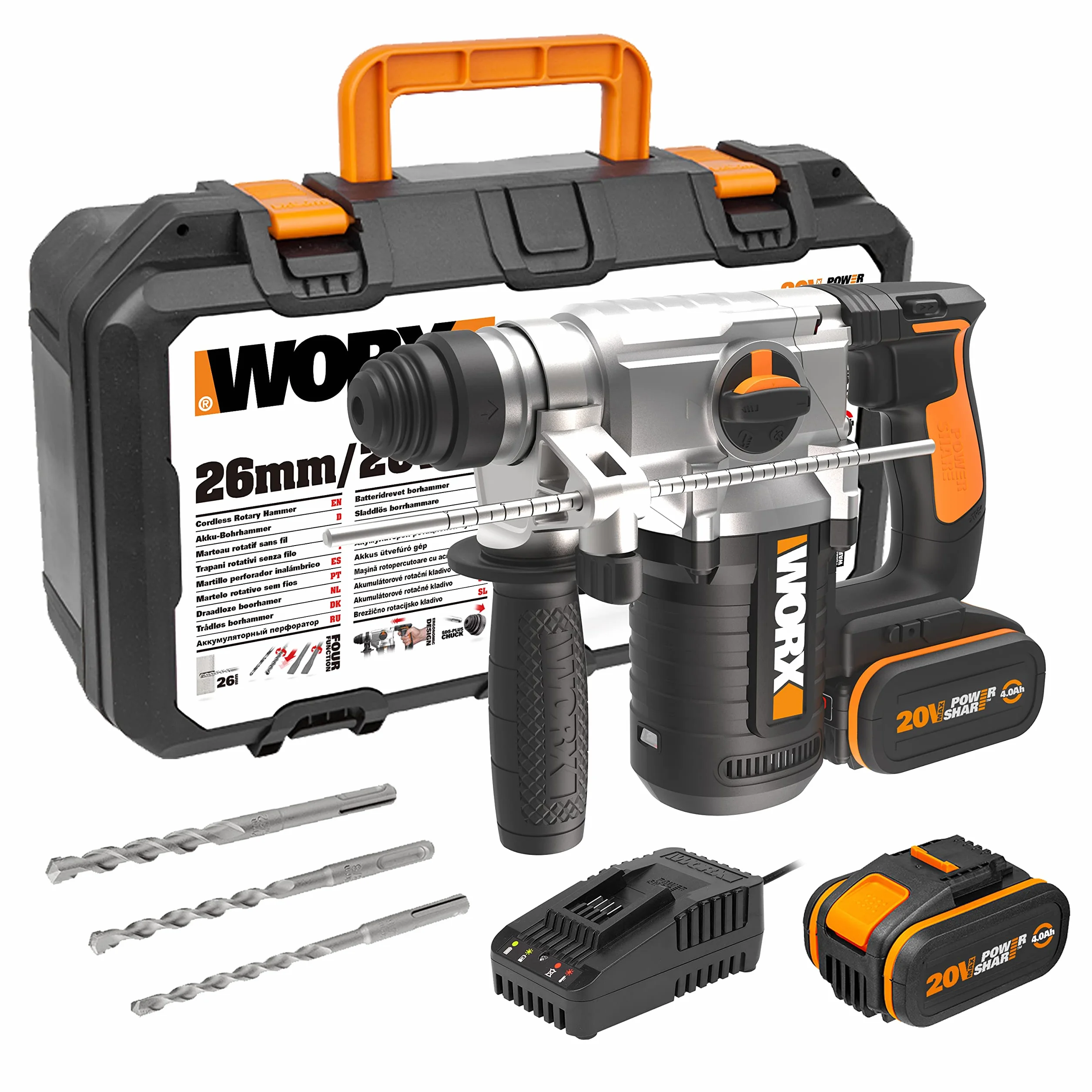 WORX WX392 – Tassellatore 4 funzioni a batteria 20V, potenza 2,2j, dotato di 2 batterie da 4Ah