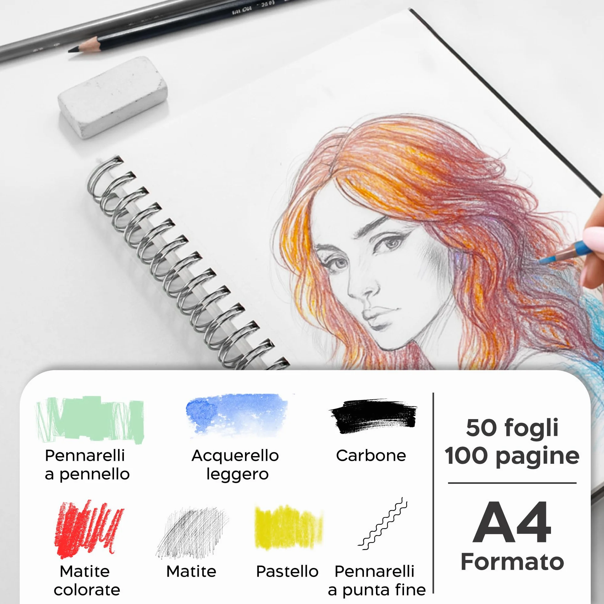 Zenacolor Sketchbook A4 Copertina Rigida 200 g/m² 50 fogli Album da Disegno a Spirale