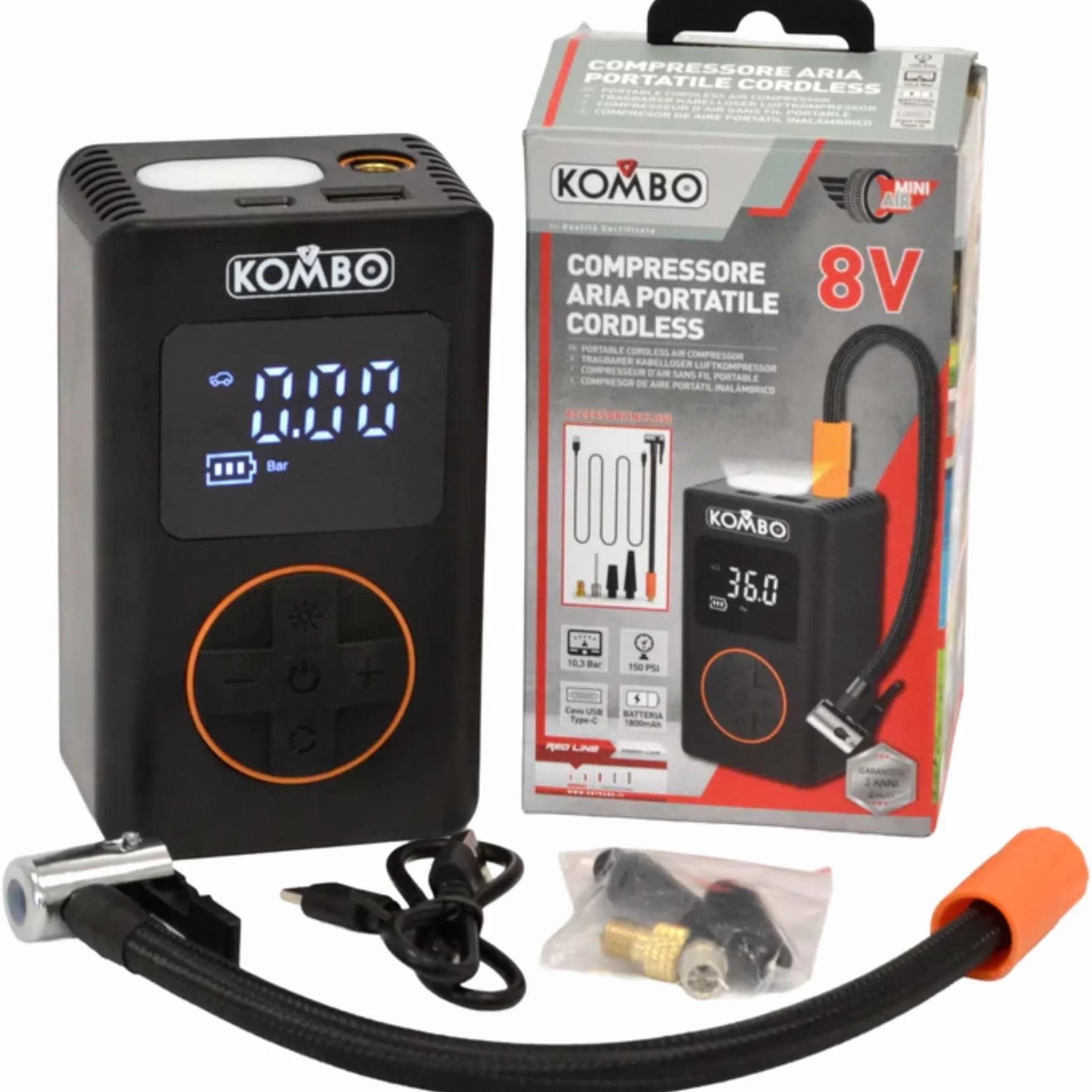 KOMBO - Compressore Aria Portatile Cordless 8V – Gonfiatore Gomme Auto Digitale 130 PSI con Auto-Stop, USB-C e 4 Adattatori, Mini Compressore Ricaricabile