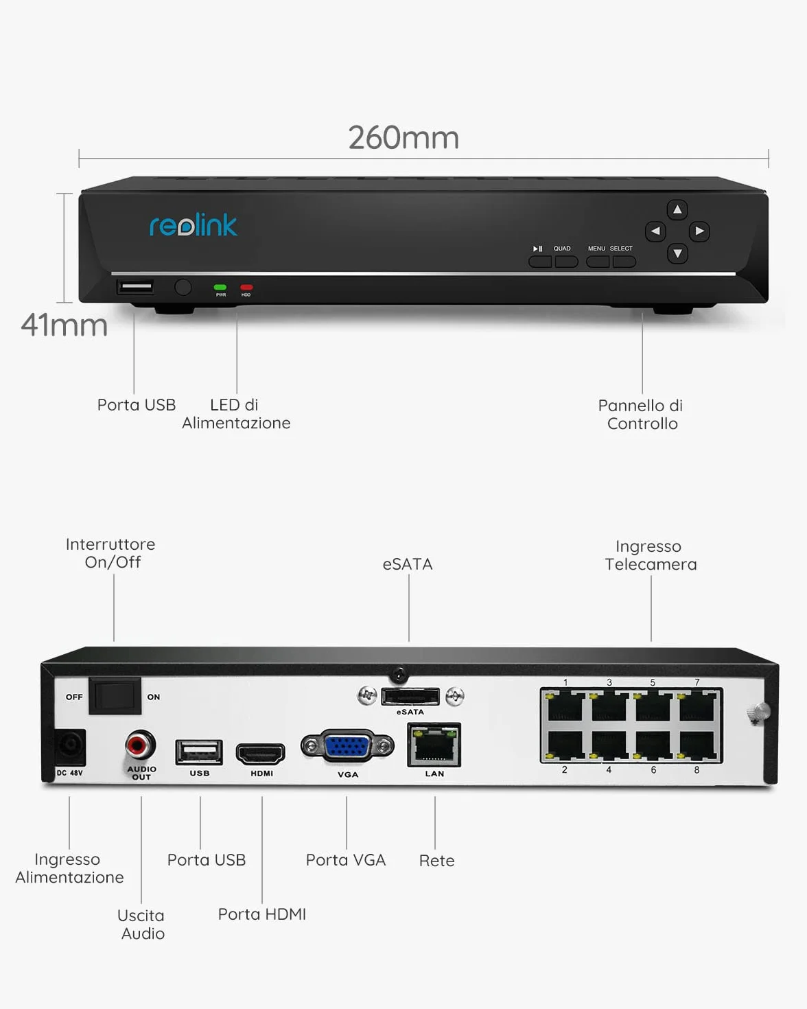 Reolink NVR PoE 8 Canali Videoregistratore Cablato 2TB HDD Supporta 16MP/12MP/4K/5MP/4MP Capacità Espandibile a 16TB RLN8-410 Ricondizionato