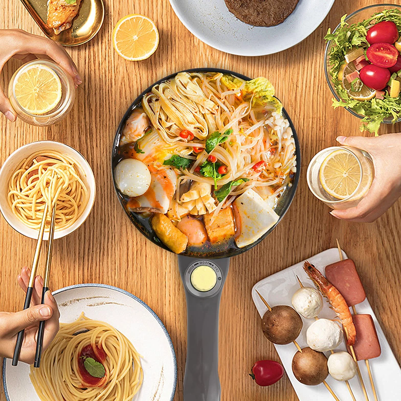 Audecook Padella Elettrica con Vaporiera, Mini Hot Pot 20 cm, Pentole Elettriche Multifunzione Antiaderente, Portatile Fornello Elettrico da Viaggio, Dormitorio, Casa - Giallo