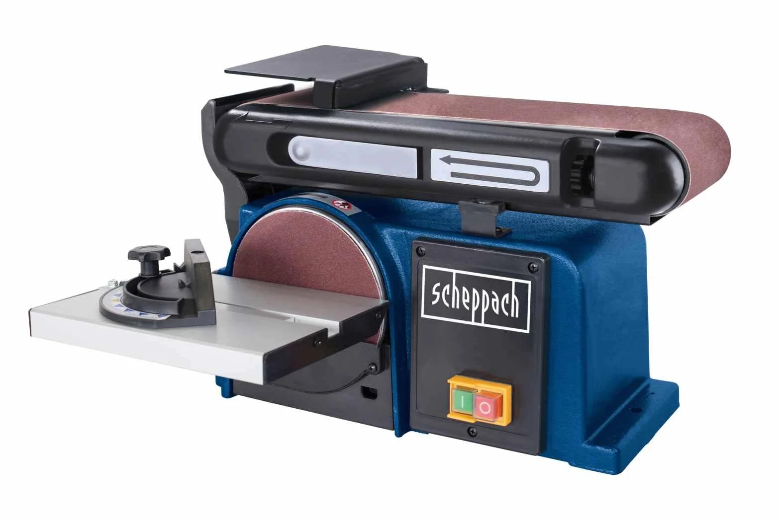 Levigatrice a nastro e disco Scheppach BTS800 | Potenza 370 W | Lunghezza nastro 715 mm - larghezza 100 mm | Disco abrasivo Ø 150 mm | Tavolo di appoggio regolabile 90°–45°