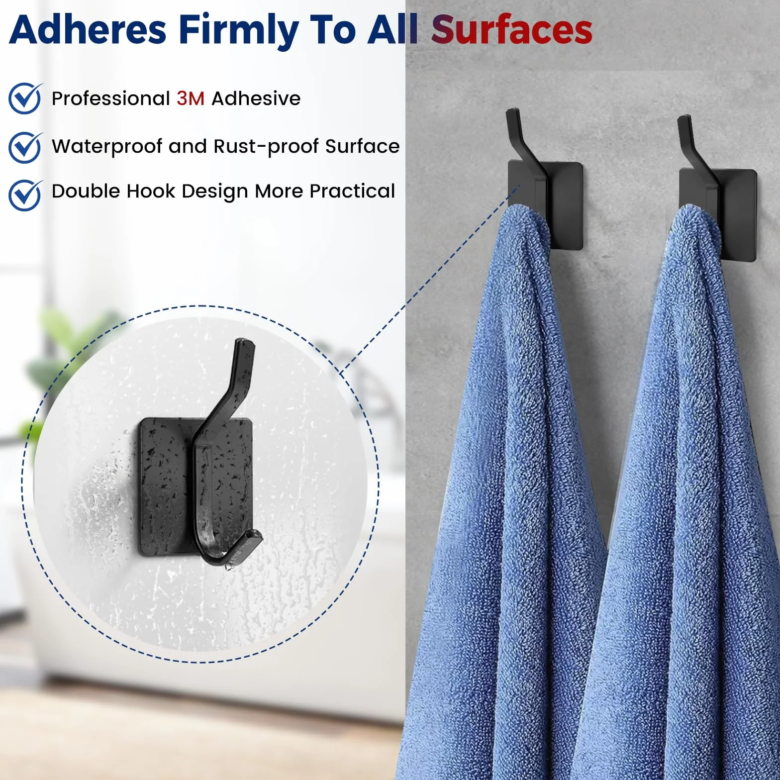 Oderra 4 Pezzi Ganci Adesivi Muro, Appendi Accappatoio Bagno, Antiruggine - Nero