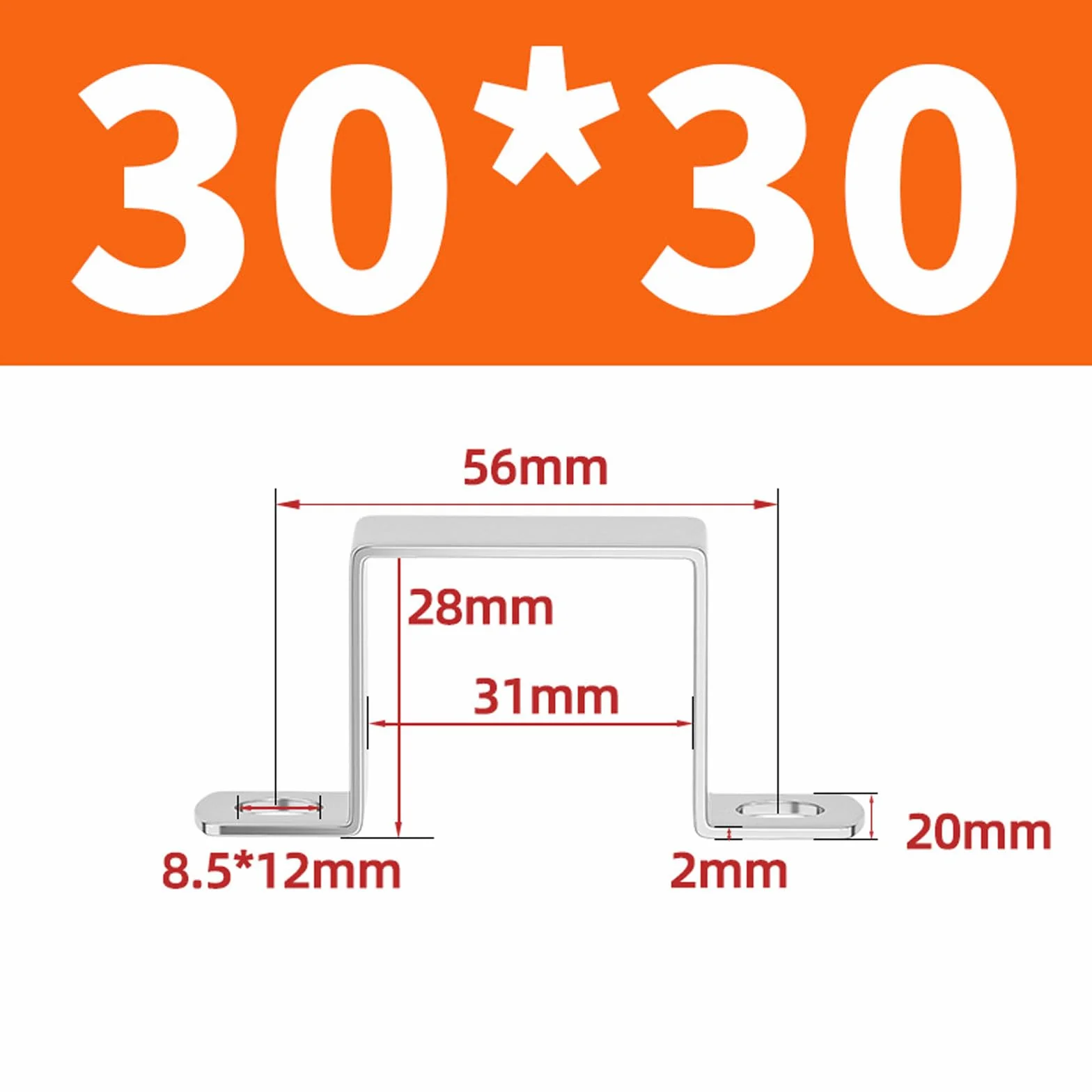 Supporto per tubo quadrato a forma di U, 30 x 30 mm, in acciaio inox 304, con viti autofilettanti in acciaio inox, 10 pezzi