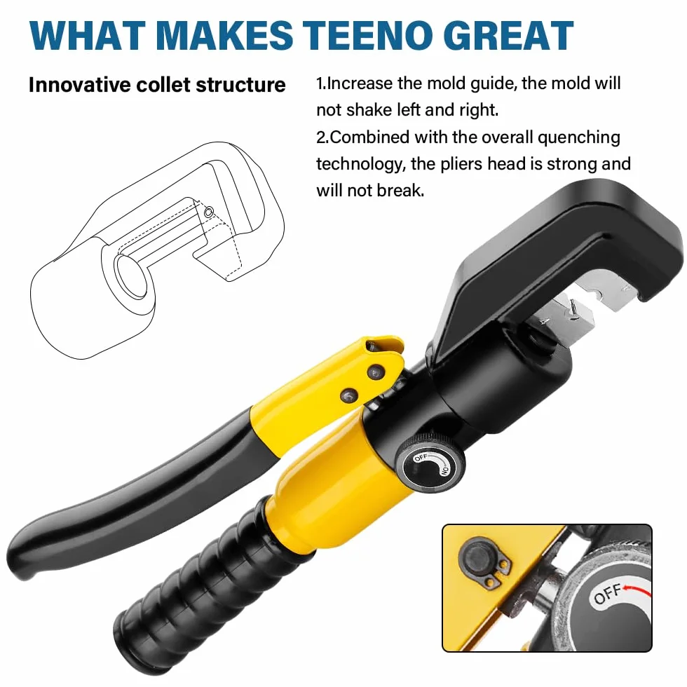 TEENO Pinza crimpatrice idraulica 10T e tagliacavi, da 12 a 2/0 AWG, pinza crimpatrice manuale per terminali elettrici e fili, kit con 9 matrici