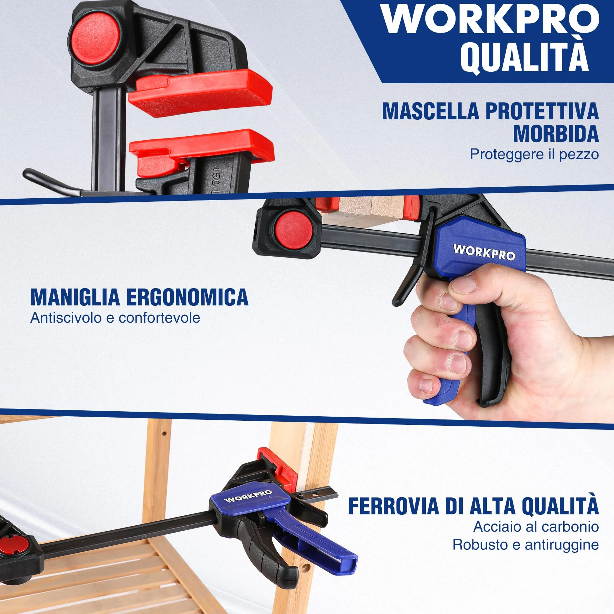 WORKPRO Set di Morsetti da Falegname a 4 Pezzi, Morsa Regolabile con Apertura 120/150 mm, Estensibilità 200/285 mm, Forza di Serraggio 23/68 kg, Realizzati in Acciaio e Nylon per una Fissaggio Preciso