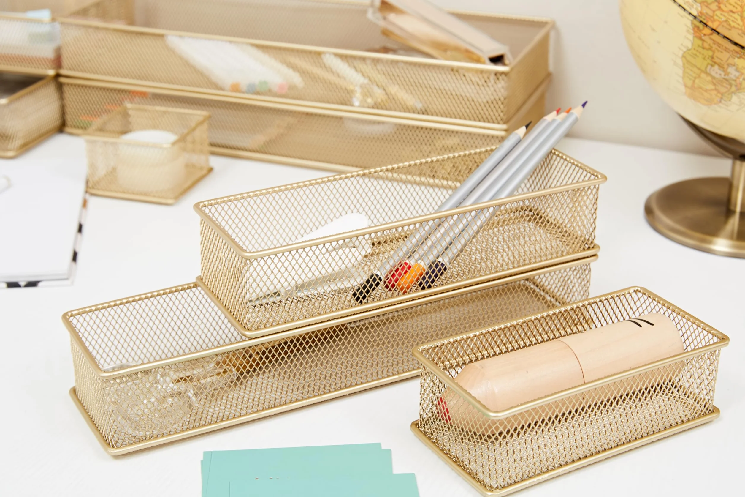 Annova Set 2 Cestini Portaoggetti Rete Cassetti Mensole Oro 15x7.5x5cm