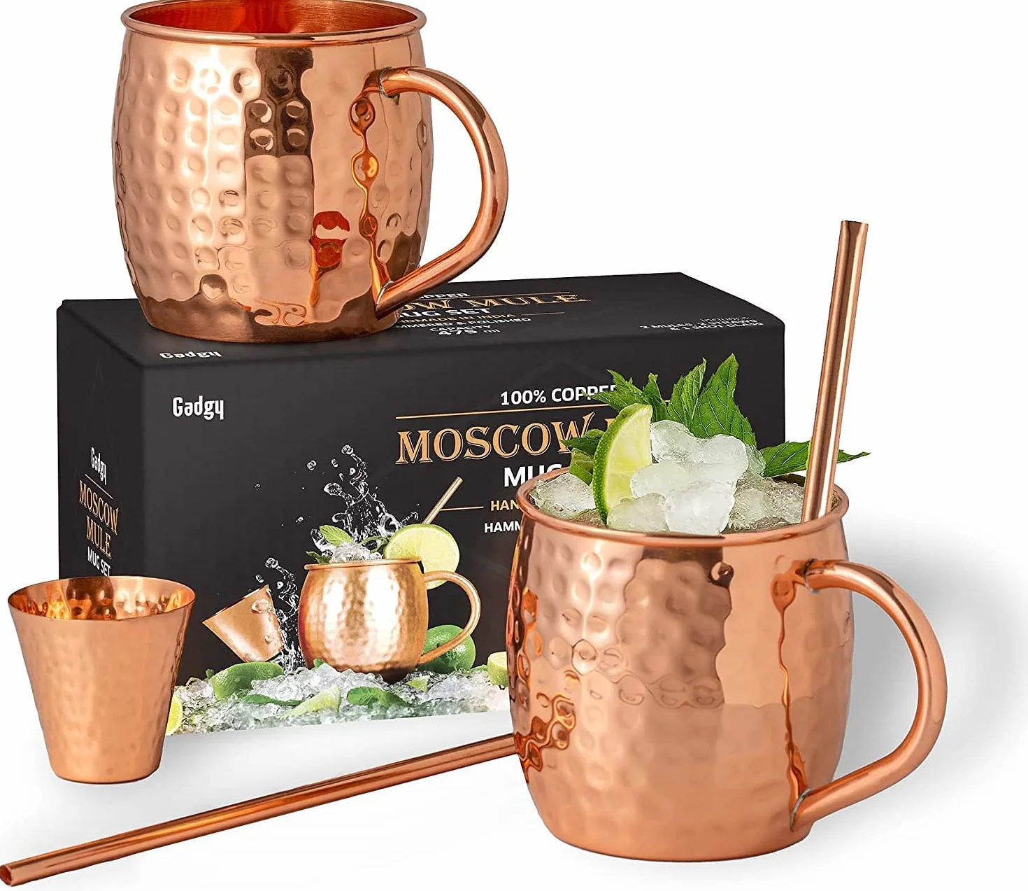 Set Moscow Mule in Rame – 2 Tazze Cocktail Fatte a Mano con Cannucce & Misurino – Bicchieri per Cocktail e Bevande Ghiacciate