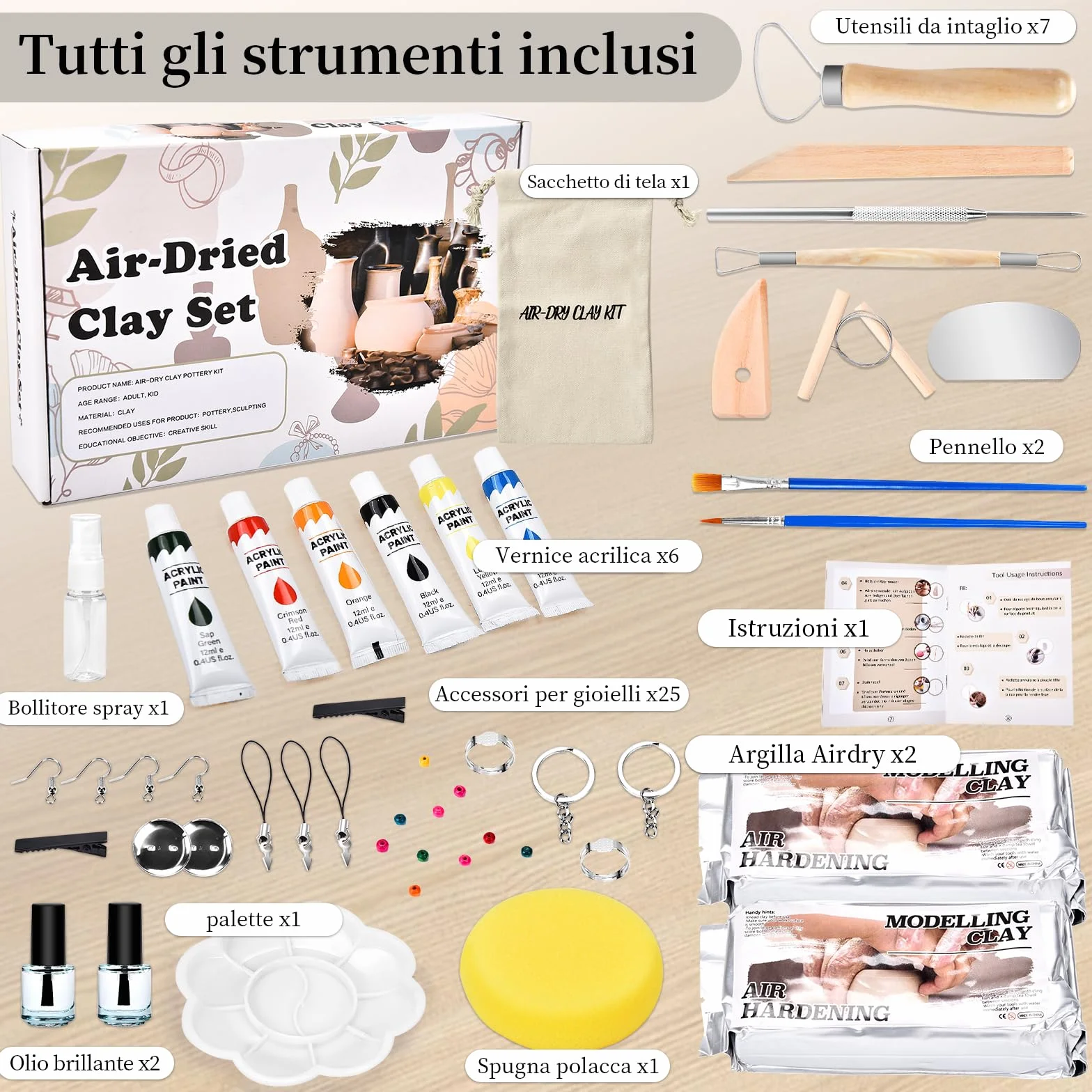 Herenear Kit Ceramica Fai da Te per Principianti, Set Argilla Senza Cottura, Set per Argilla Essiccata all'Aria (Kit Ceramica)
