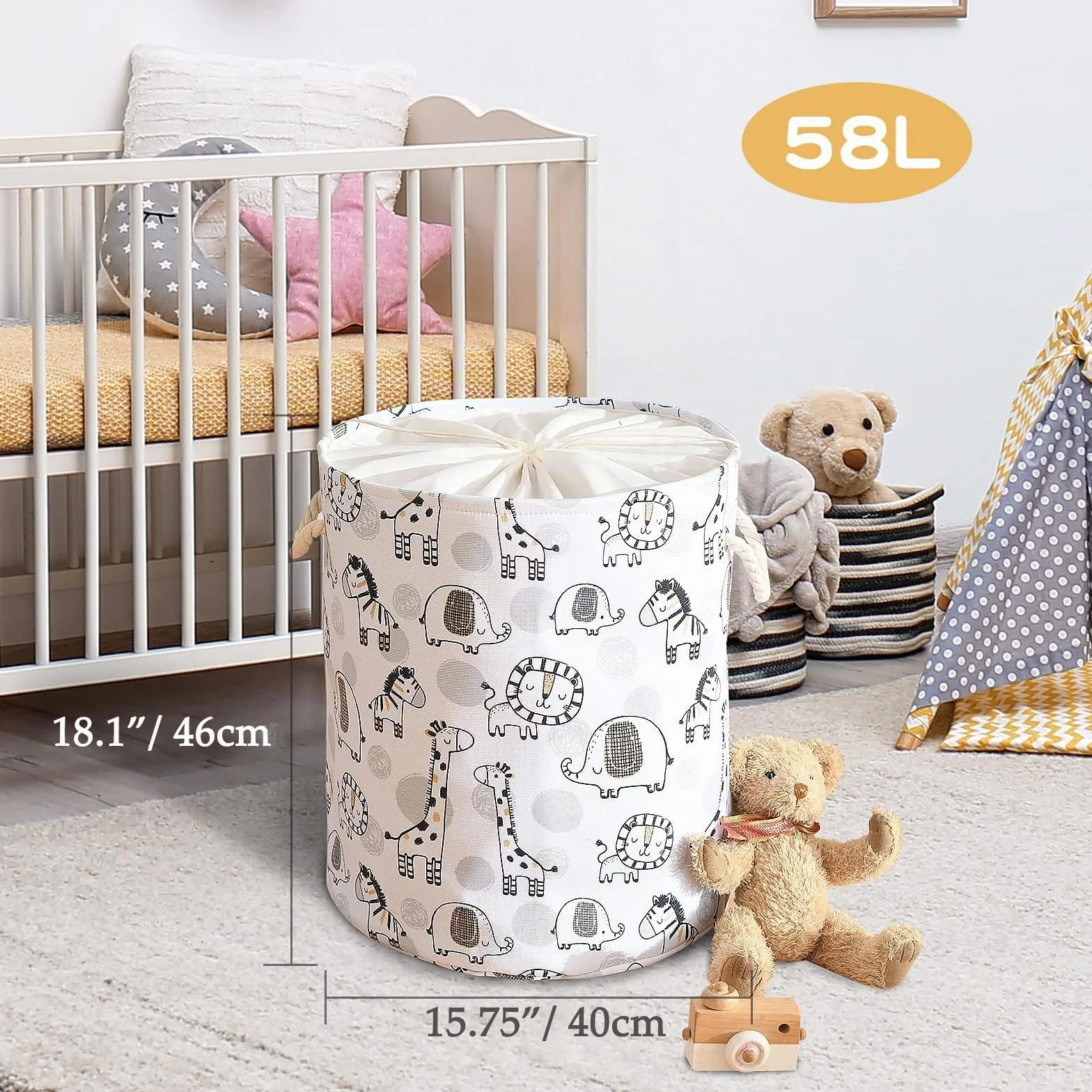Ceste per la Biancheria 58L Très Grand Cesto Giochi Bambini, Animaux Safari Pliable Contenitore Bancheria Sporca Cesta Porta Giochi avec Chiusura con Coulisse per Asilo Nido Camera dei Bambini