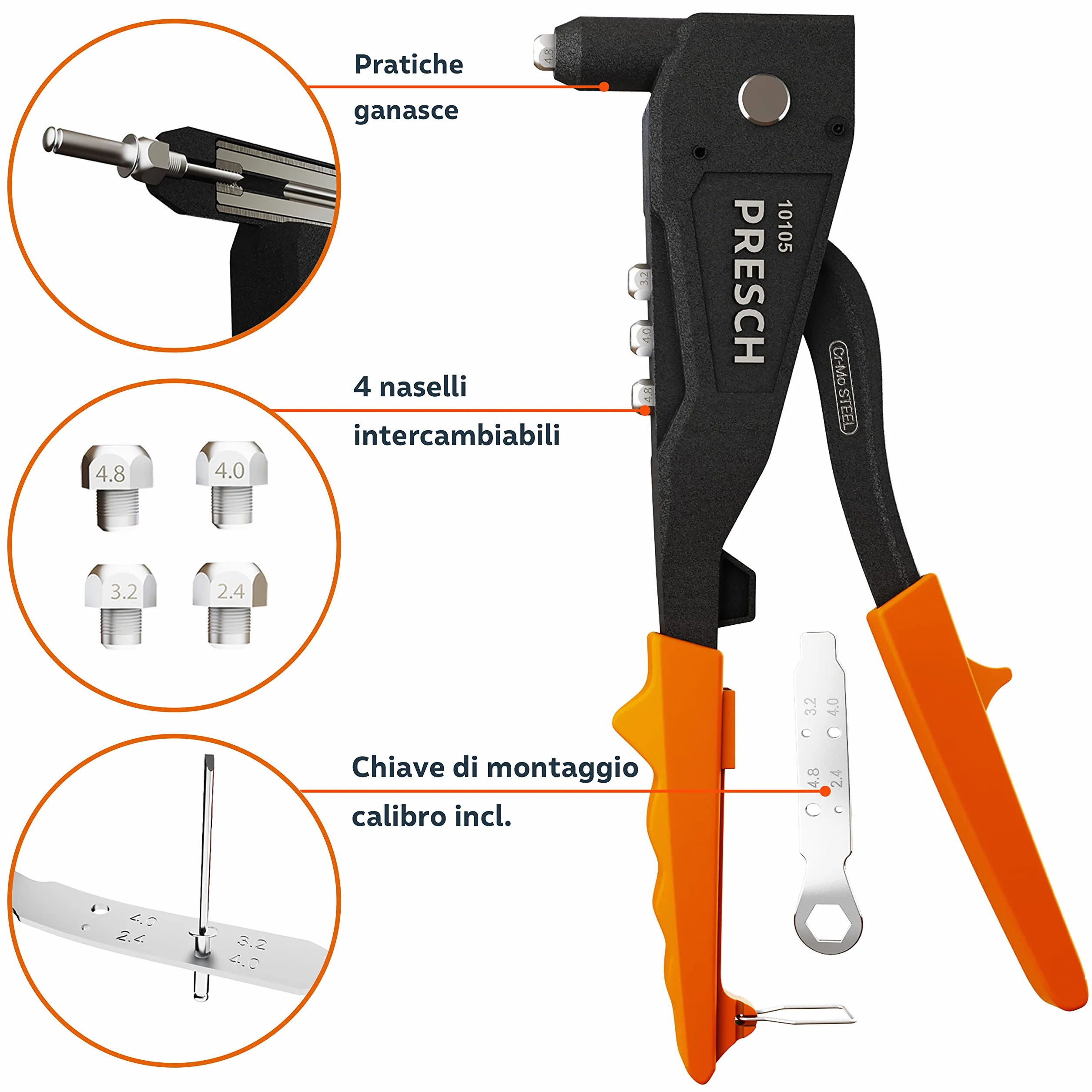 Rivettatrice Manuale Presch per rivetti ciechi, Acciaio inossidabile Ø 2,4-4,8mm