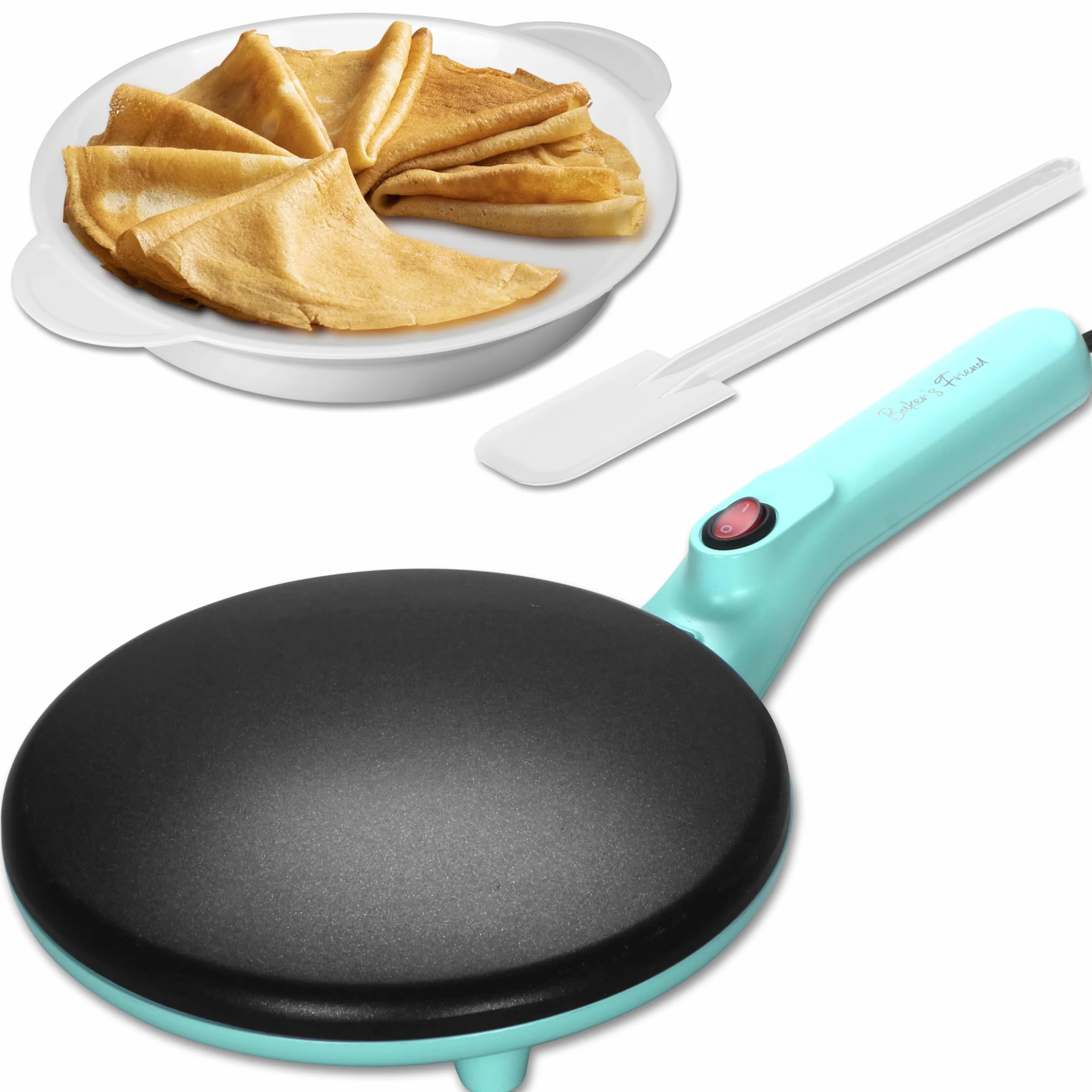 Baker's Friend Macchina per Crêpes Istantanee con Manico, Macchina Elettrica Padella per Crêpes, Crêperia Elettrica, Padella Crepes Antiaderente da 20 cm, Blu-verde