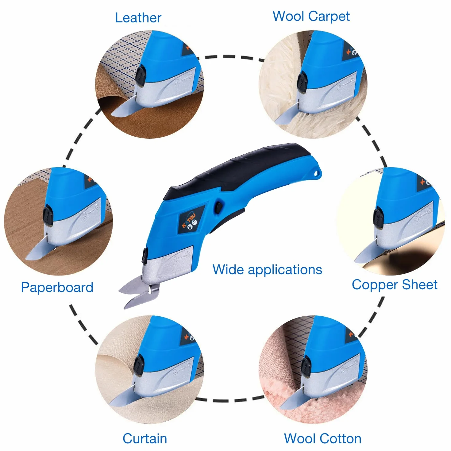 KATSU Tools Forbici Elettriche Cutter per Tessuti 3,6V Ricaricabile con 2 Teste da Taglio in Lega di Acciaio Forbici a Batteria per Tessuto Carta Cartone Pelle Panno
