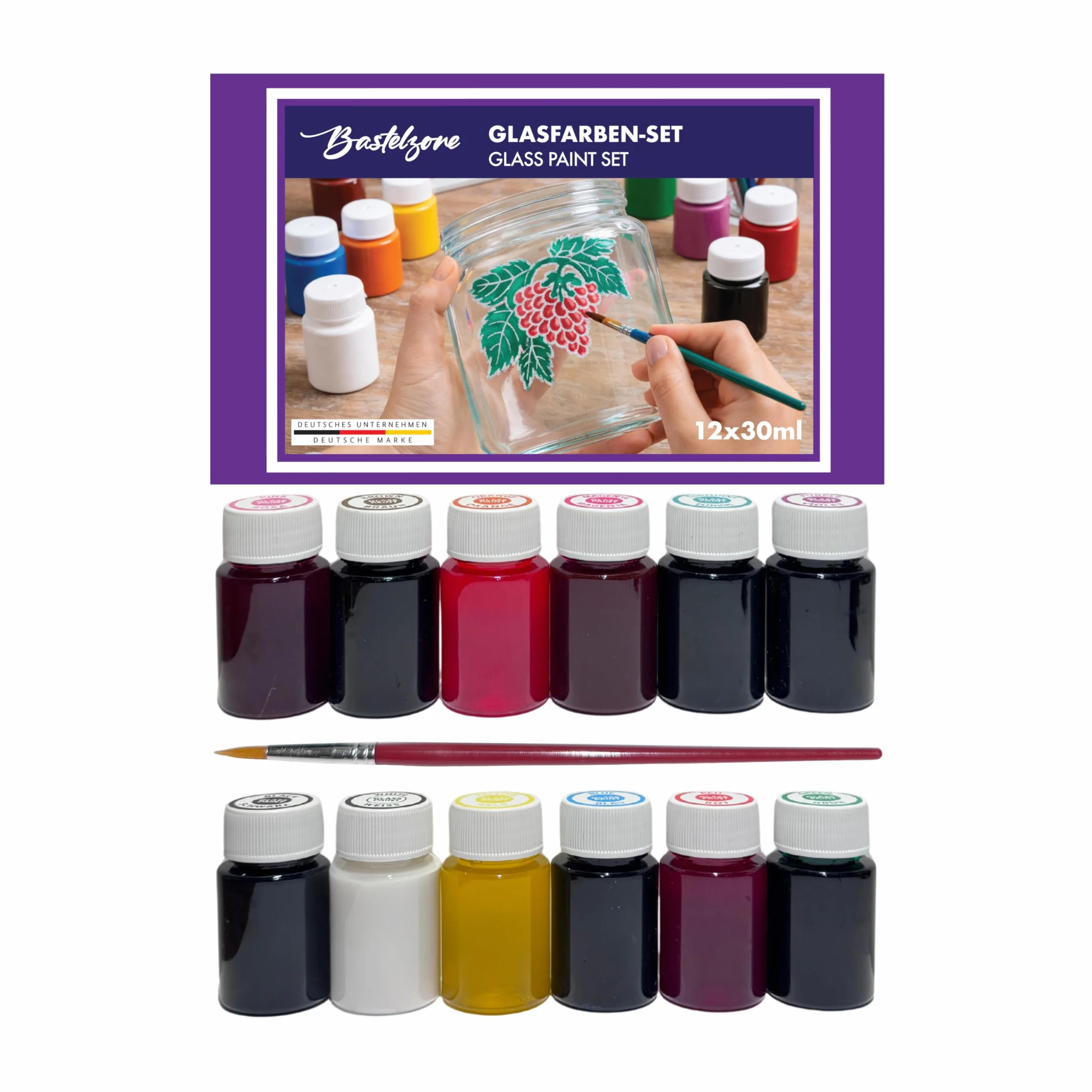 Set di colori in vetro con pennello – 12 colori da 30 ml – Colori trasparenti a base d'acqua per decorazione
