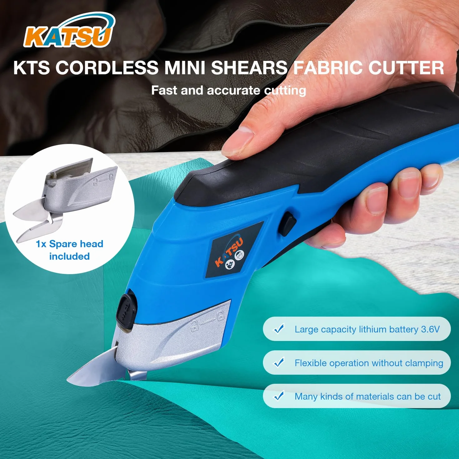 KATSU Tools Forbici Elettriche Cutter per Tessuti 3,6V Ricaricabile con 2 Teste da Taglio in Lega di Acciaio Forbici a Batteria per Tessuto Carta Cartone Pelle Panno