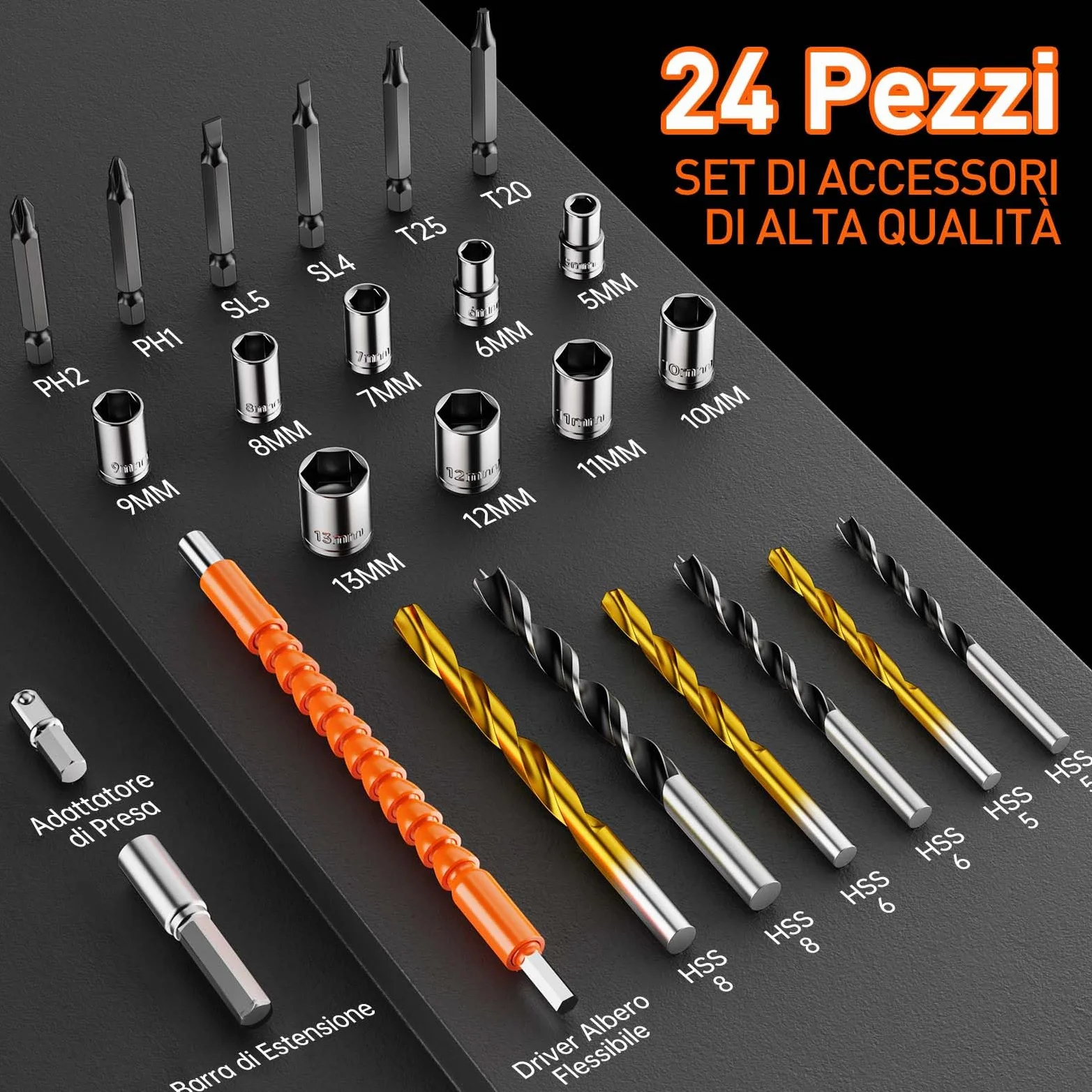 Trapano Avvitatore a Batteria 20V, 2 Batterie 2.0Ah, Max 42Nm, 25+1 Impostazione Coppia, LED Luce, 2 Velocità, 24 Accessori, 10mm Mandrino Autoserrante, per Riparazione, Fai da te