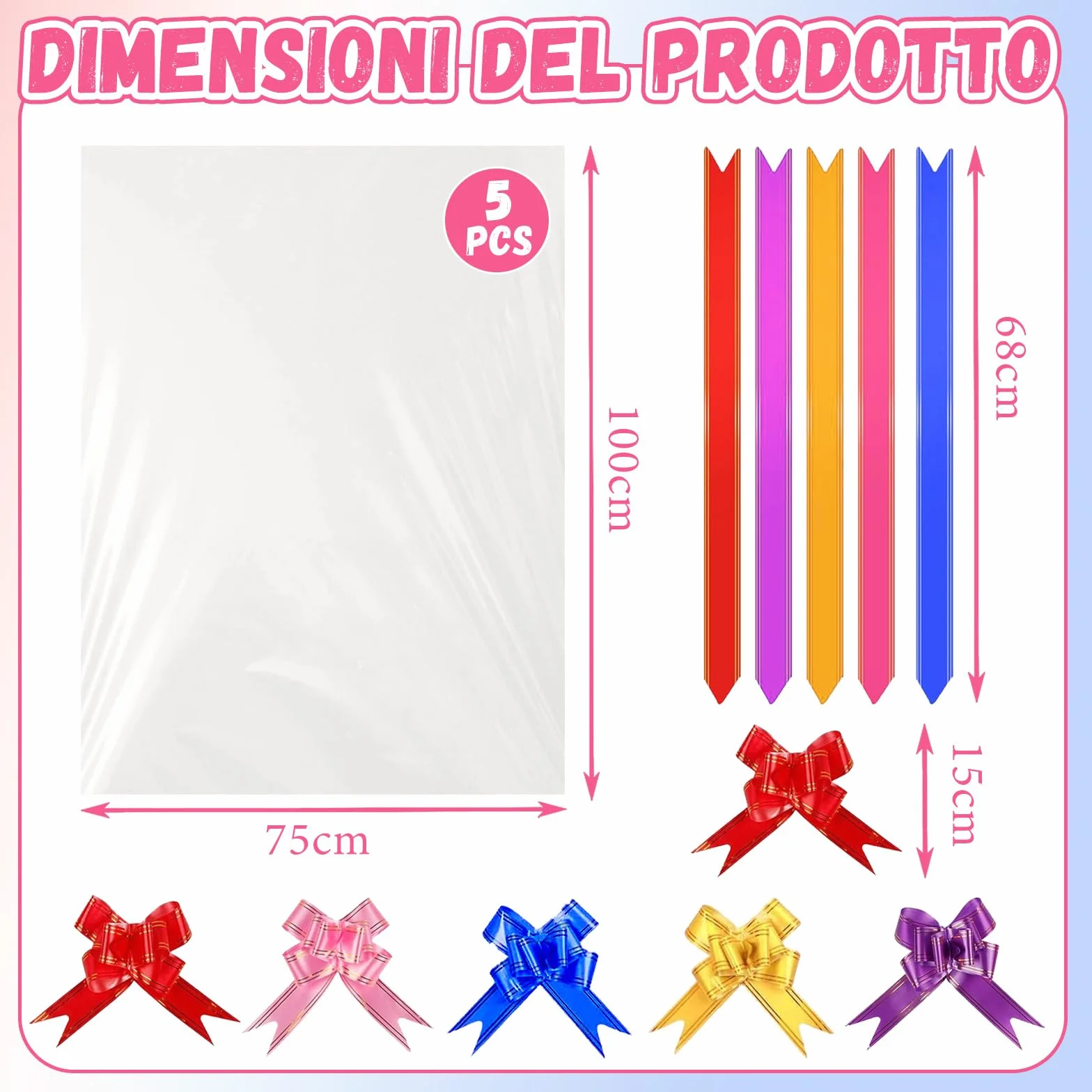 5 Pezzi Fogli Cellophane Trasparente Per Confezioni, 5 Fiocchi, 75×100 cm Cellophane, Carta Cesti Trasparente,per Cesti Regalo,per Regali, Cesti Regalo, Fiori, Artigianato, Dolcetti, Matrimoni