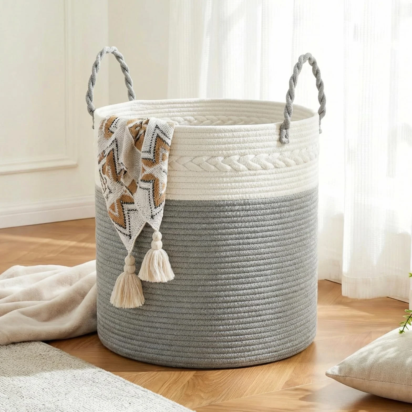 COSYLAND Cesto portabiancheria in cotone naturale - Pieghevole con manici portabiancheria sporca, Cesta portabiancheria per bagno, camera da letto e cameretta - 40x40x40cm (Grigio-bianco)