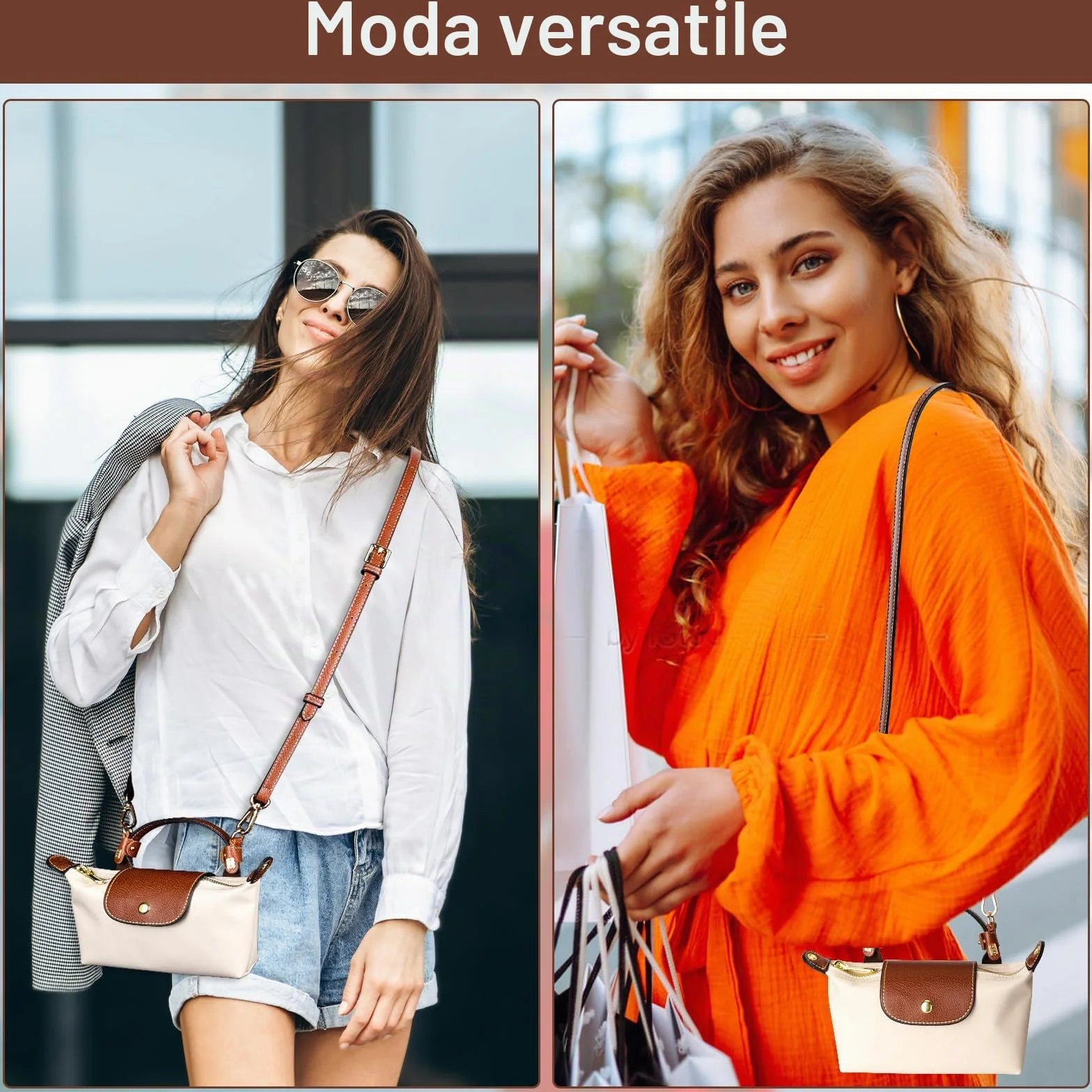 Tracolla per Longchamp Mini Borse, Donna Universale Regolabile di Tracolla per Borsa in Pelle Double Face PU - Marrone, Non Serve Punzonatura con 2 Adattatori per Ogni Occasione