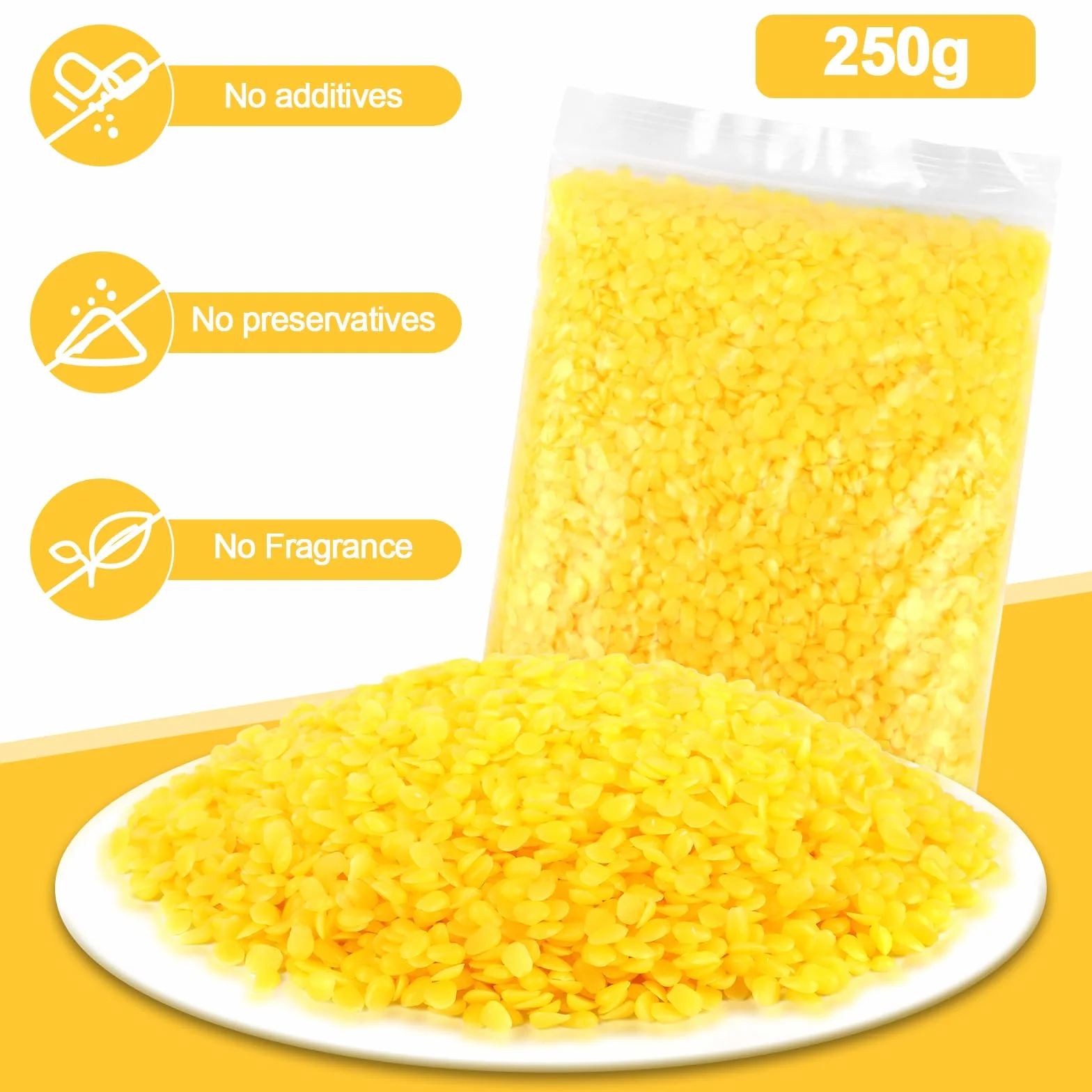 MXTIMWAN 250g Cera D'api Gialla,Premium Cera per Candele Fai da Te,Pellet Di Cera D'api,Pellet Di Cera Di Candela Per Candele,Saponi,Cosmetici,Salviette di Cera D'api,Cura Della Legno,Cura della Pelle