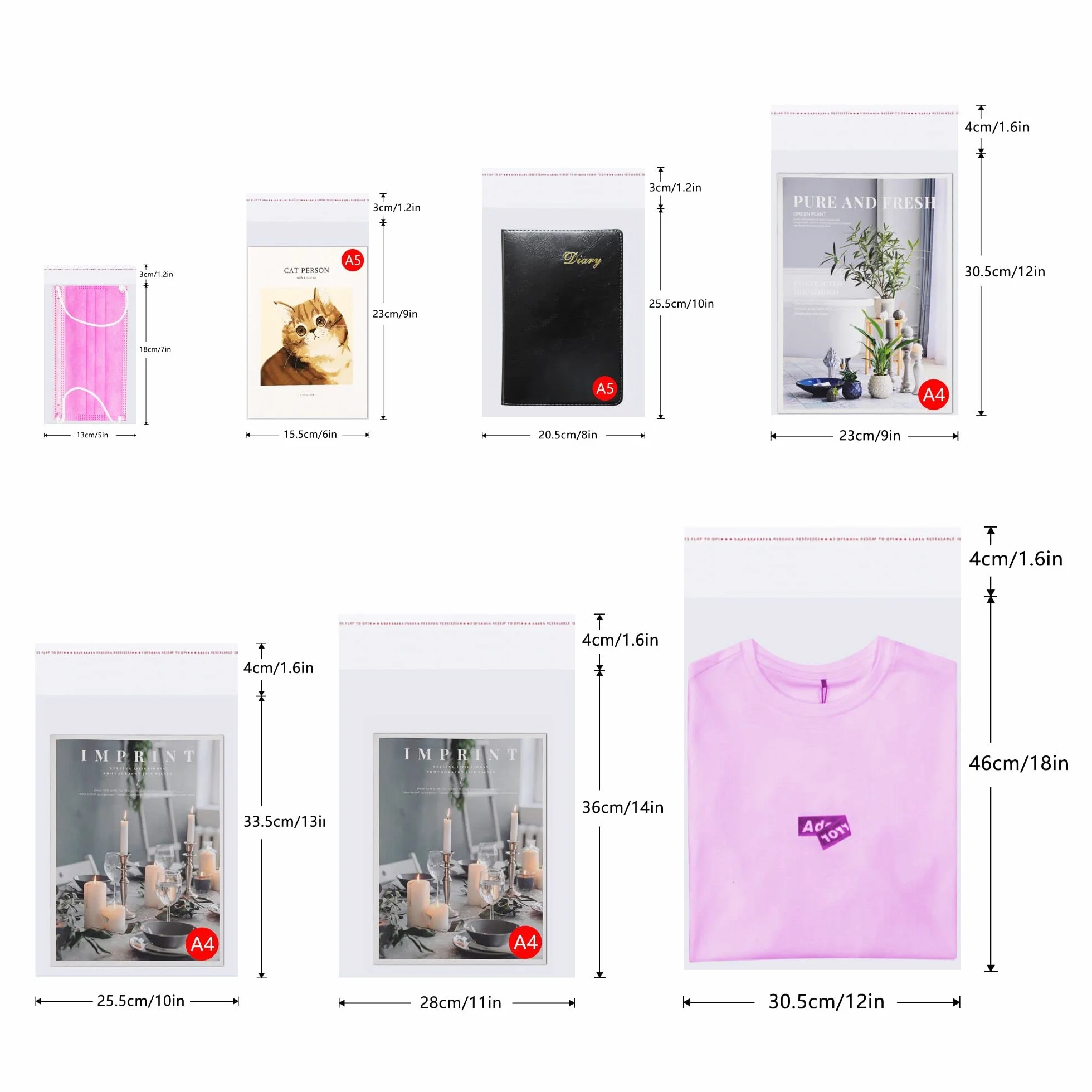 Sacchetti di cellophane plastica autoadesivi 25x33cm 100 pezzi Sacchetti di cellophane trasparente 50µm per la stampa Abbigliamento T-Shirt artigianale Riviste (15 misure a scelta)