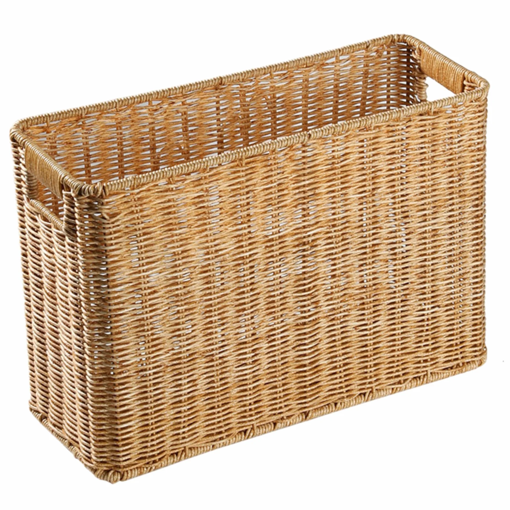 Portariviste, Portariviste in Rattan Intrecciato 15x10, 2x5, 9 Pollici con Manici, Cestino Portaoggetti Rettangolare per Giornali, Bottiglie, Giocattoli, Scrivania da Ufficio, Marrone Chiaro