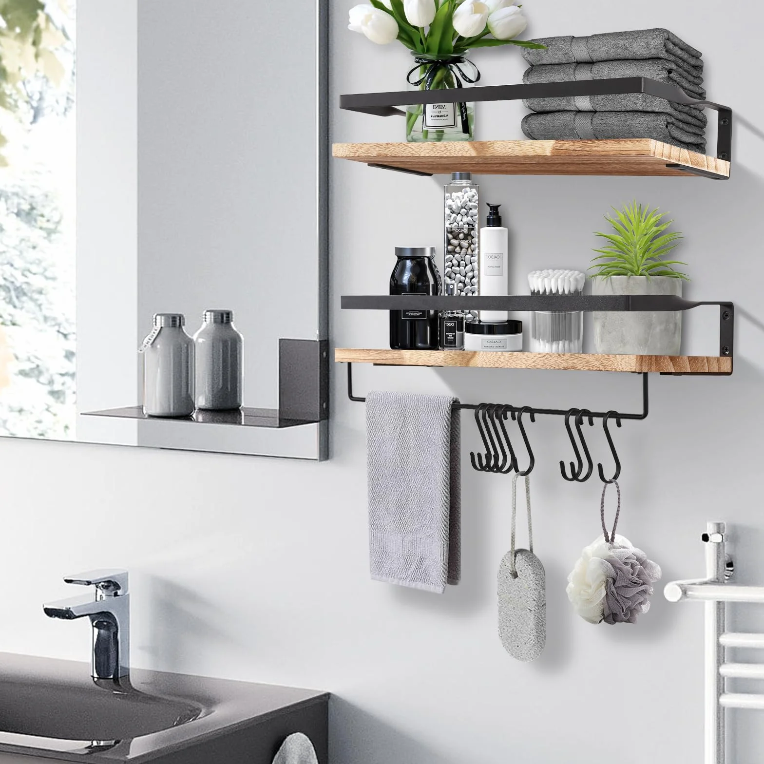 Uten Mensole da Muro Design Moderne, Set 2 Pezzi Mensole da Muro in Legno con Portasciugamani e Ganci, Mensole Sospesa da Parete Rustico per Cucina, Bagno, Salotto, Ufficio, 42 x 15 x 6,8 cm