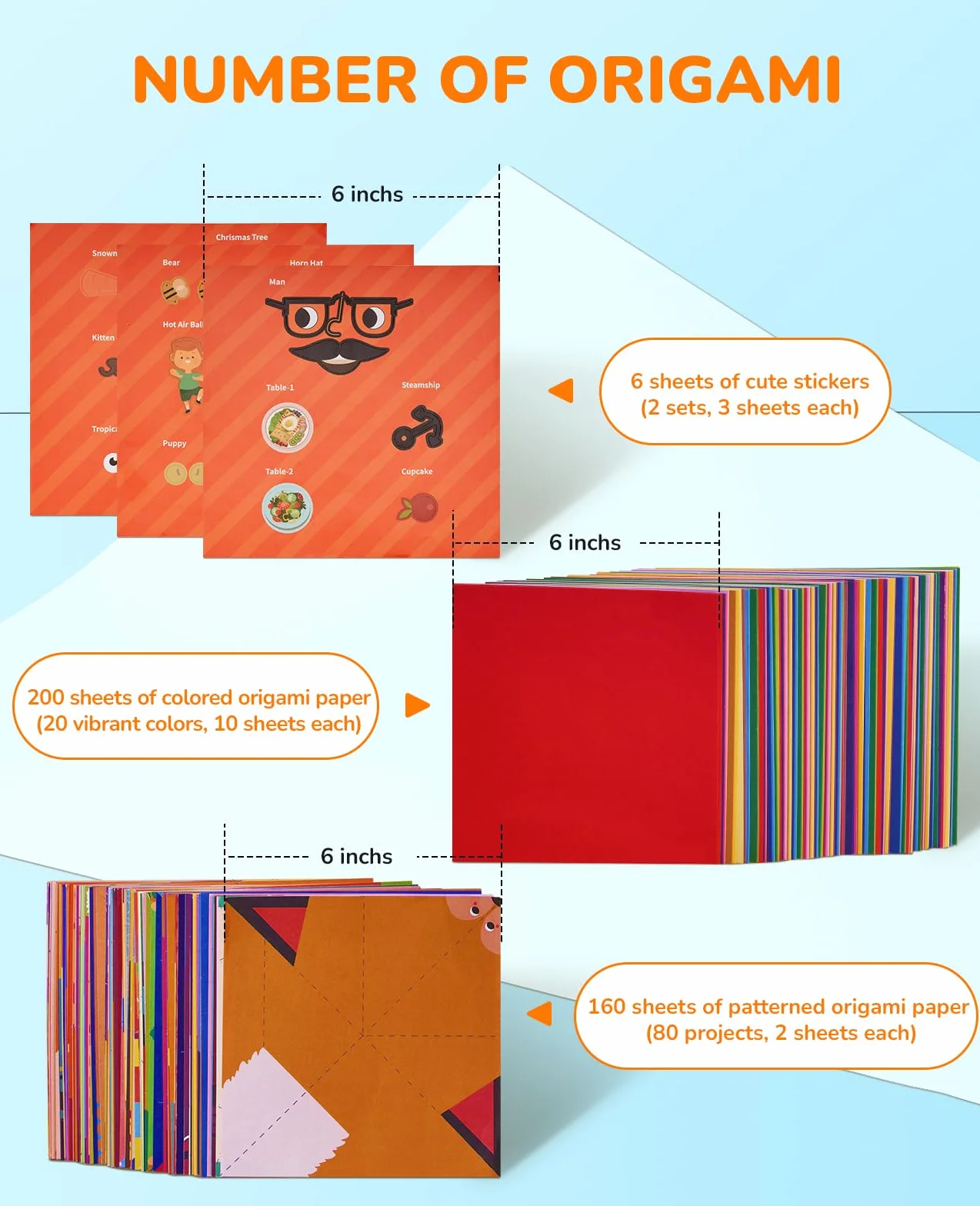 JoyCat 360 Fogli Carta Origami per Bambini 15x15 cm 160 File di Origami Vividi a Doppia Faccia, 200 Carta Pratica con Manuale di Insegnamento Colorato - Set di Cartoncini Colorati