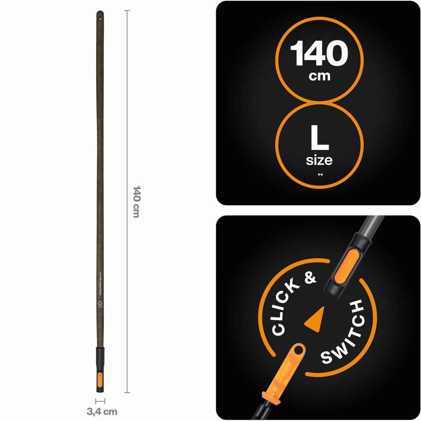 Fiskars Oneclick Manico in Legno FSC L, Manico Sostenibile in Legno di Frassino, Cambio senza Sforzo con un Clic, Adattatore QuikFit Disponibile Separatamente, Trattato a Cera, Nero/Arancione, 1080549