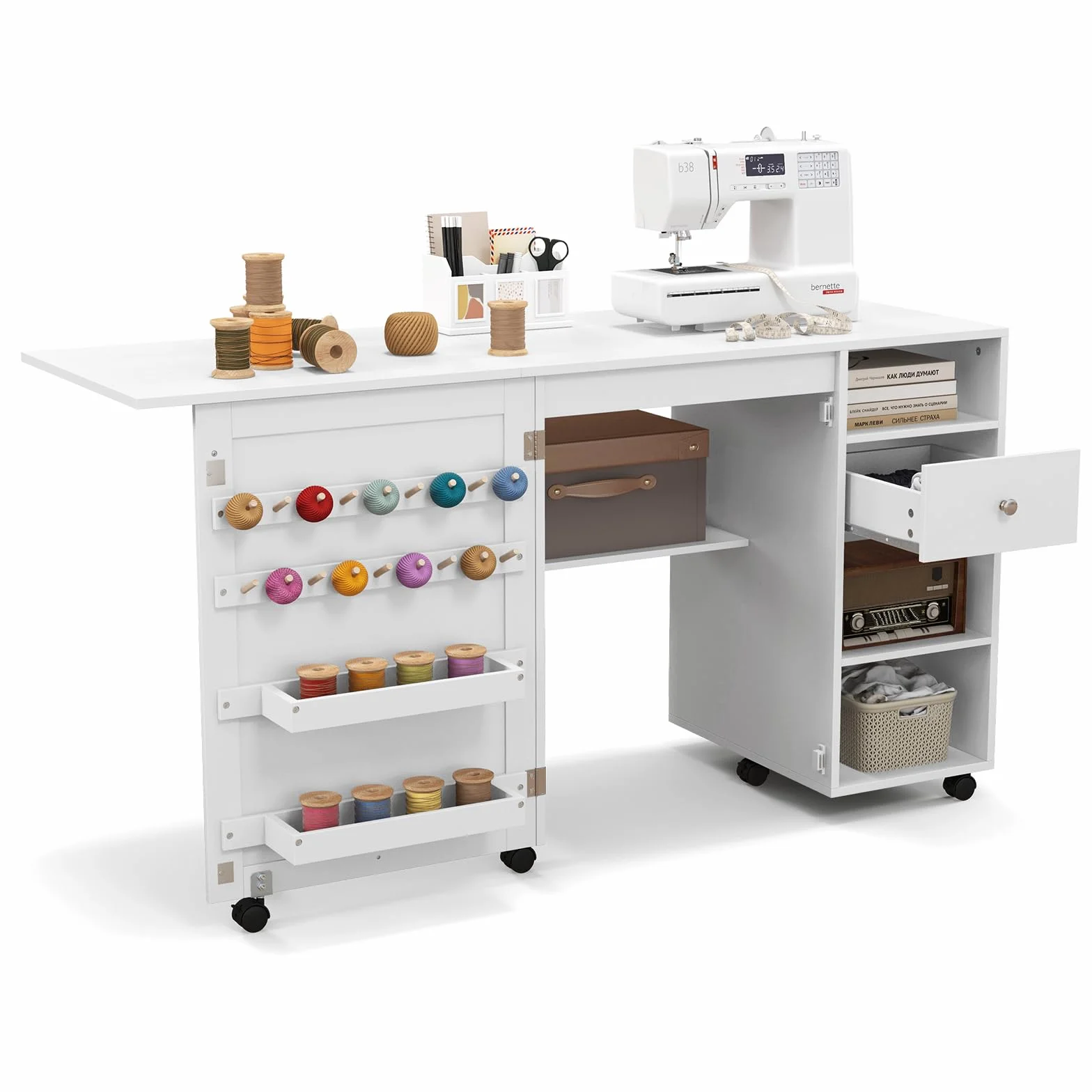 COSTWAY Tavolo per Macchina da Cucire Pieghevole, Tavolo per Cucito con Ripiani per Stoccaggio, Vassoi, Cassetto, Ganci e 6 Ruote Bloccabili, Bianco