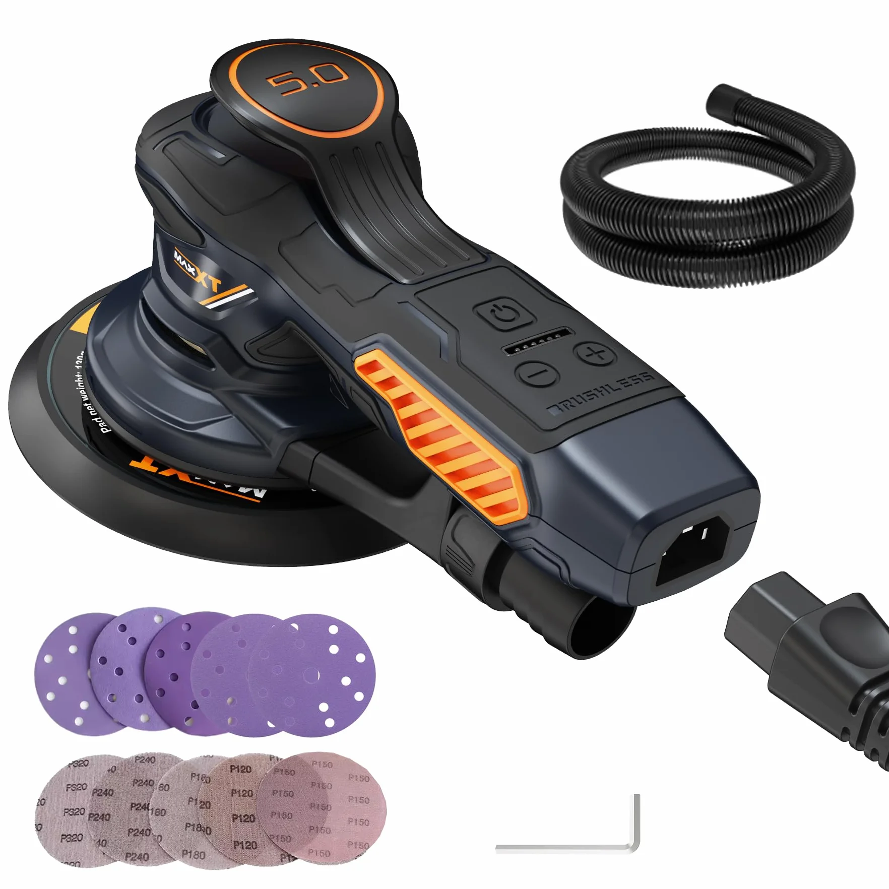 MAXXT Levigatrice Orbitale 150mm 10000 RPM 6 Velocità Regolabili con 10 Carte Abrasive