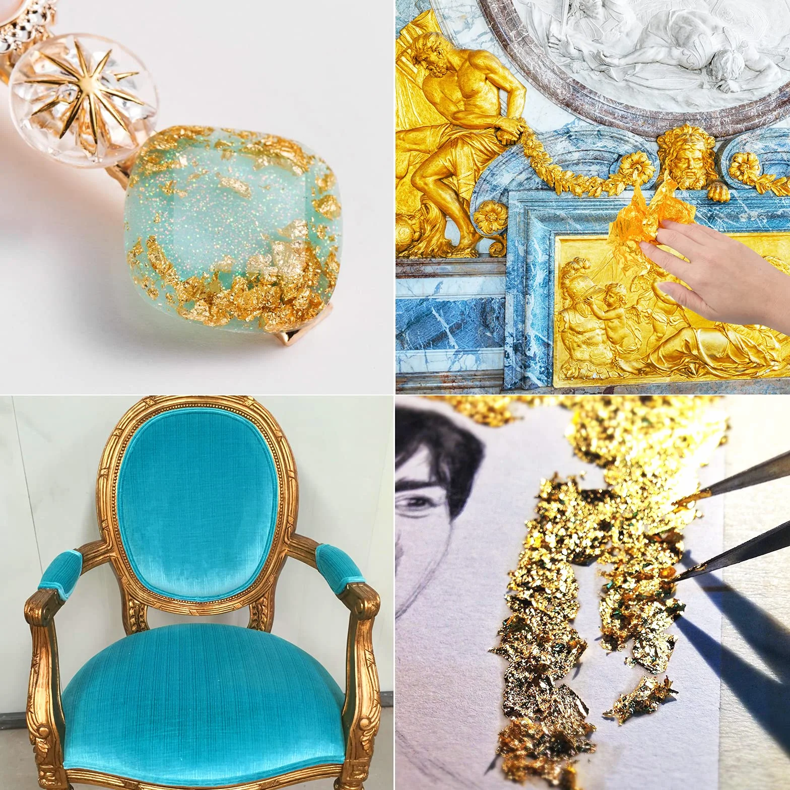 ASTARON 100 fogli fogli imitazione foglia d'oro foglio con pennello per progetto artistico, fiocchi d'oro per la decorazione di mobili per unghie in resina (14x14 cm)