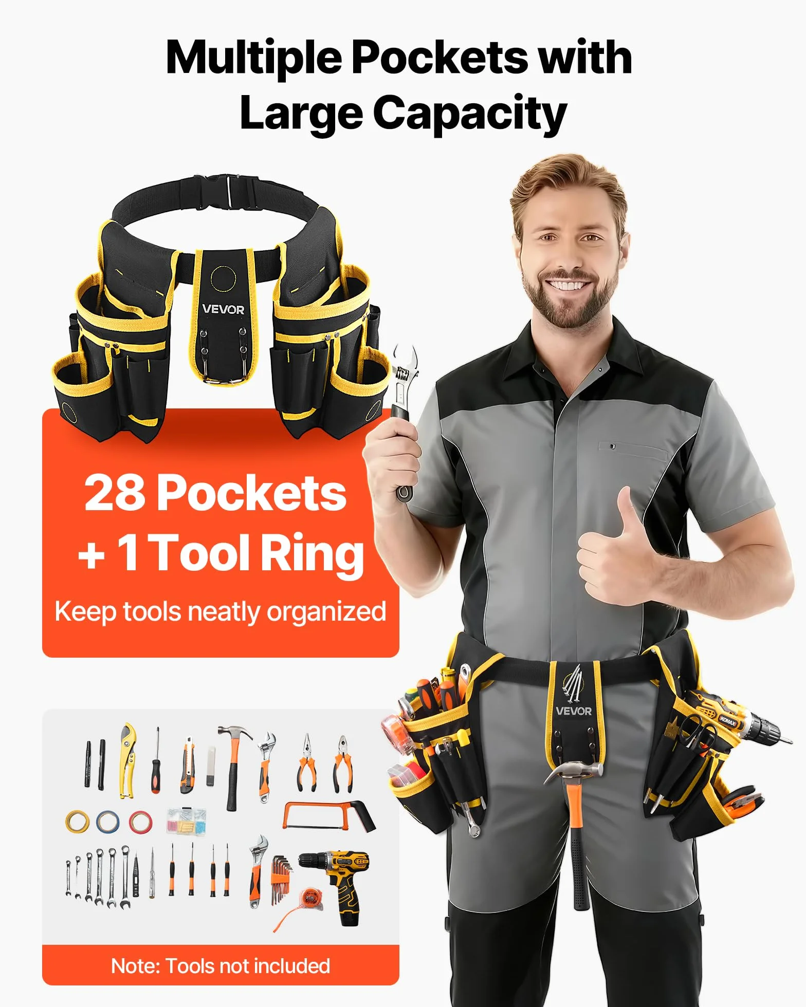 VEVOR Cintura Porta Attrezzi da Carpentiere con 28 Tasche, Marsupio Porta Attrezzi da Elettricista, Regolabile e Resistente, per Carpentieri, Edilizia, Regolabile in Vita da 78,7 a 121,9 cm