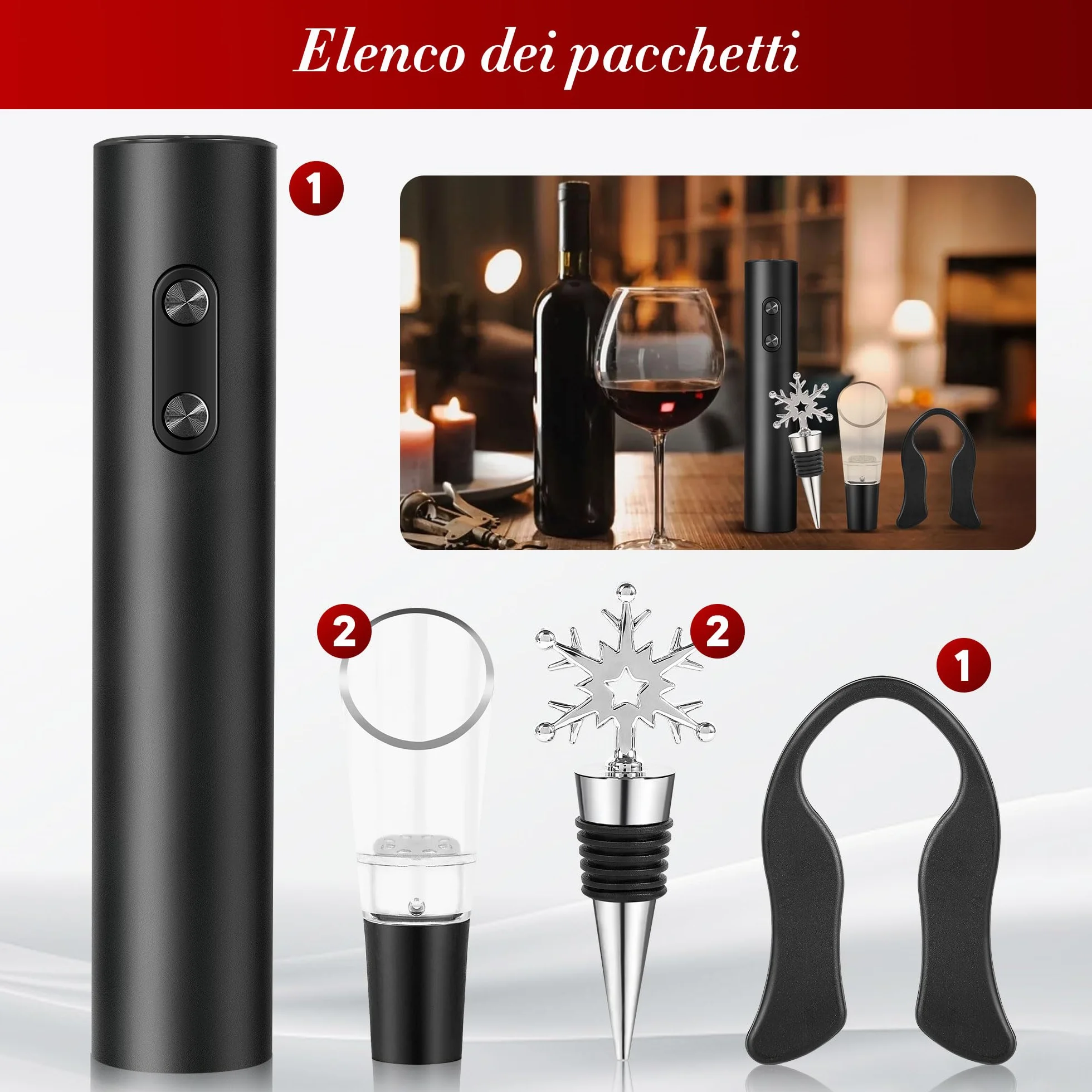 Cavatappi Elettrico per Vino，Cavatappi Elettrico Professionale Automatico, Apribottiglie Elettrico,Set Regalo Apribottiglie Elettrico 6-in-1，Set Regalo per Amanti del Vino