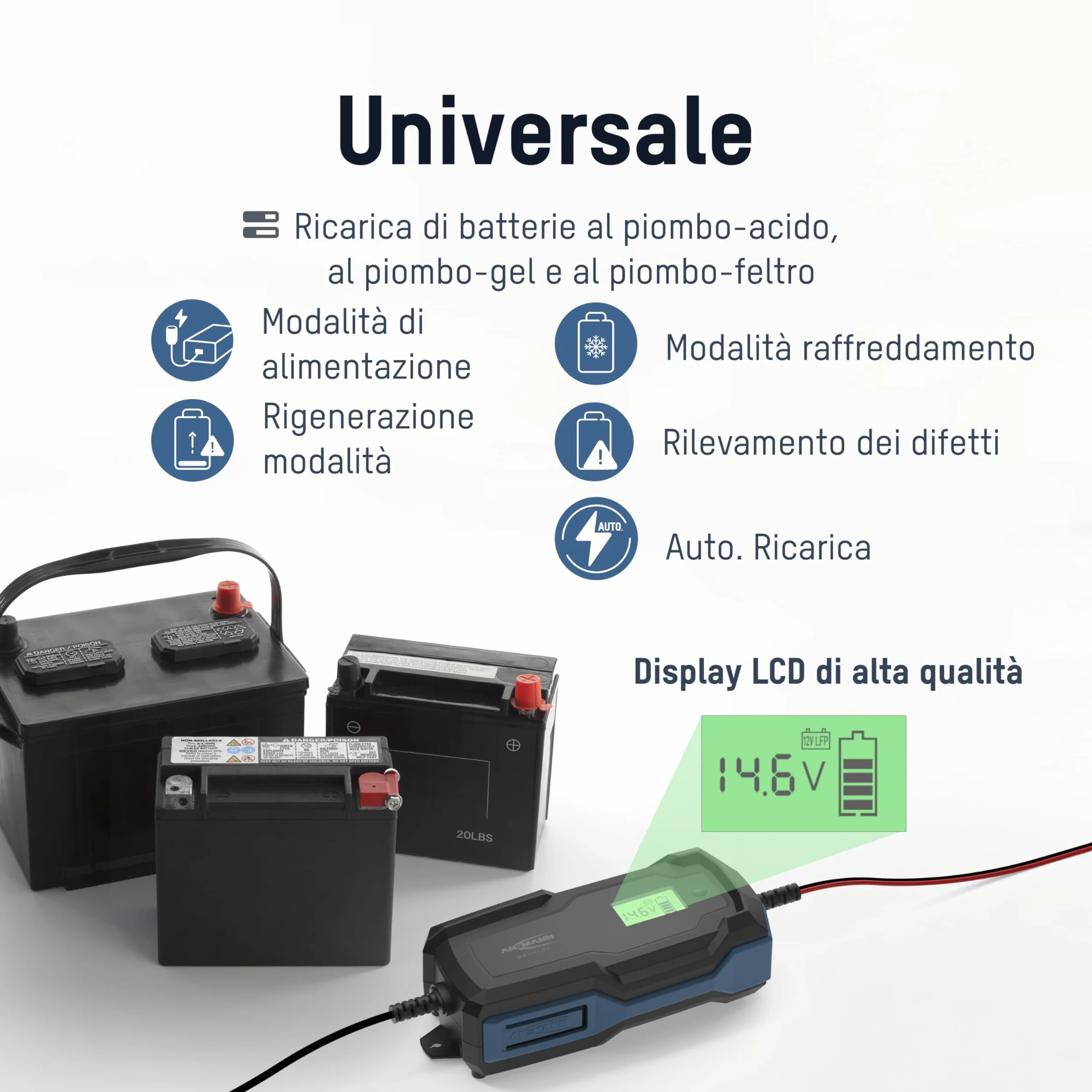 ANSMANN Caricabatterie intelligente a 10 fasi 6V 12V / 10A con display LCD per batterie al piombo-acido, piombo-gel e piombo-pile, nonché batterie LiFePo4 a 12V per auto, moto e furgoni