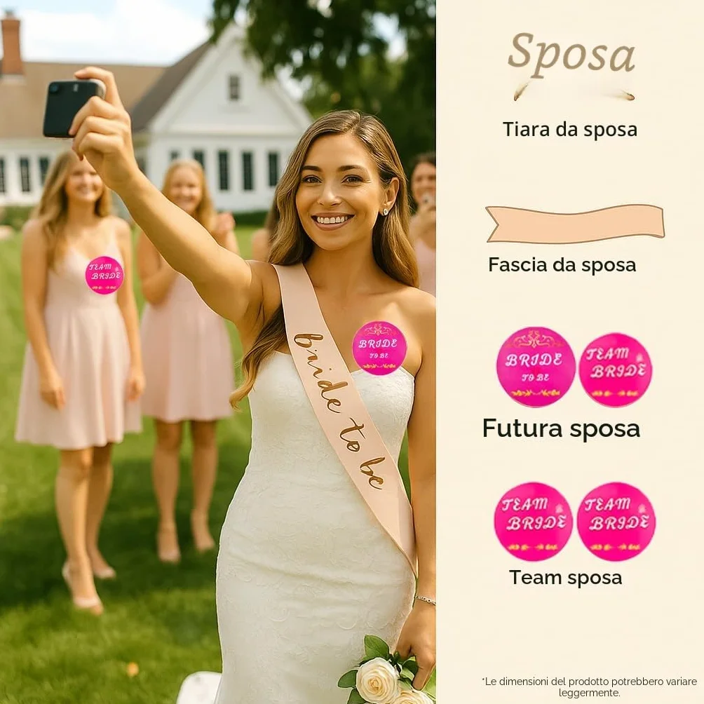 Set Accessori Sposa Addio al Nubilato con Diadema BRIDE, Velo, Fascia Bride to Be, 12 Adesivi