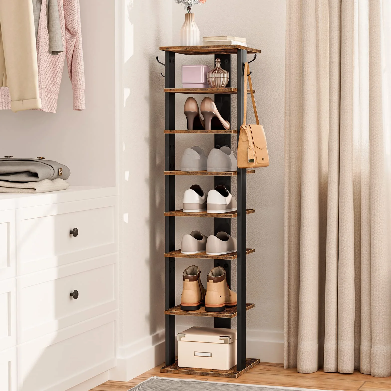 HOOBRO Scarpiera a 8 Livelli, Scaffale Portascarpe Stretta con 2 Ganci, Scaffale Portaoggetti, Stabile, fino a 8-10 paia, per Ingresso, Soggiorno, Camera da Letto EBF07XJ01G1