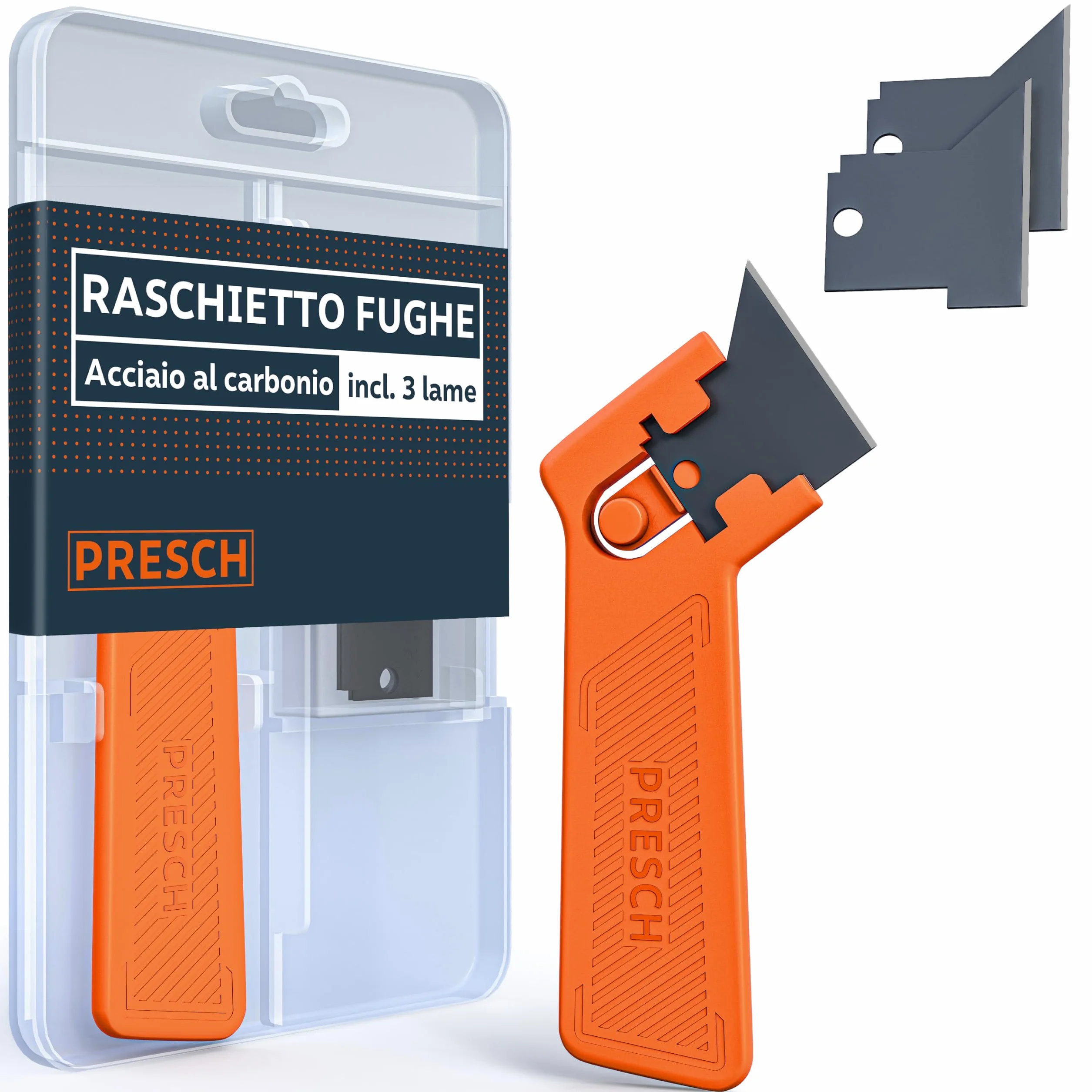 Presch Raschietto fughe incl. 3 lame - Per la rimozione precisa dei giunti grazie all'elevata nitidezza - Facile cambio delle lame - Raschietto silicone per sigillanti morbidi come acrilico e silicone