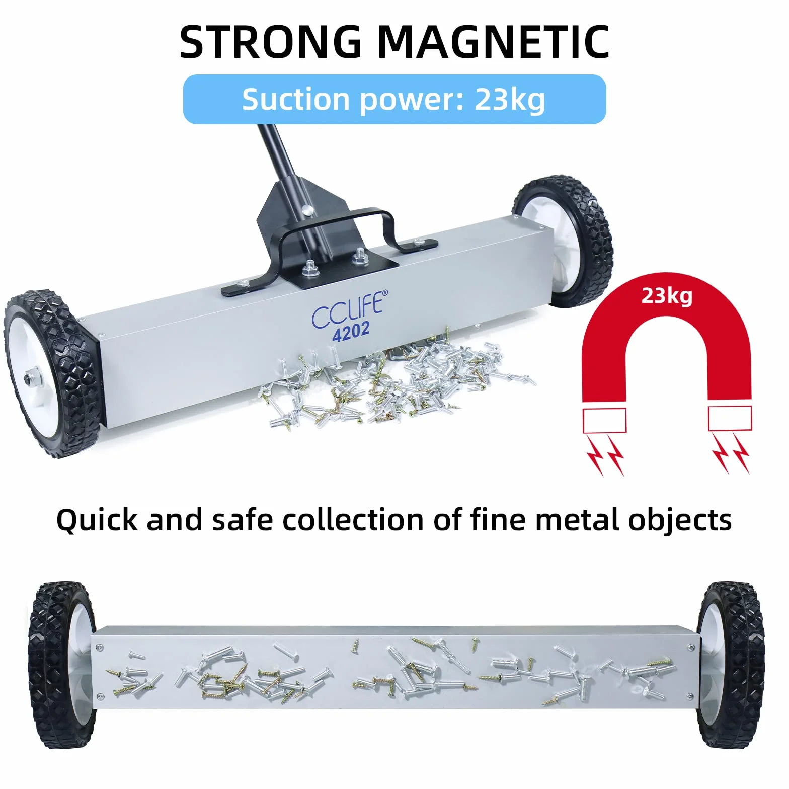 CCLIFE Spazzatrice Magnetica 60cm Asta Telescopica 67-102cm Max.23kg Scopa Magnetica con Ruote per pulizia chiodi, viti, oggetti ferrosi