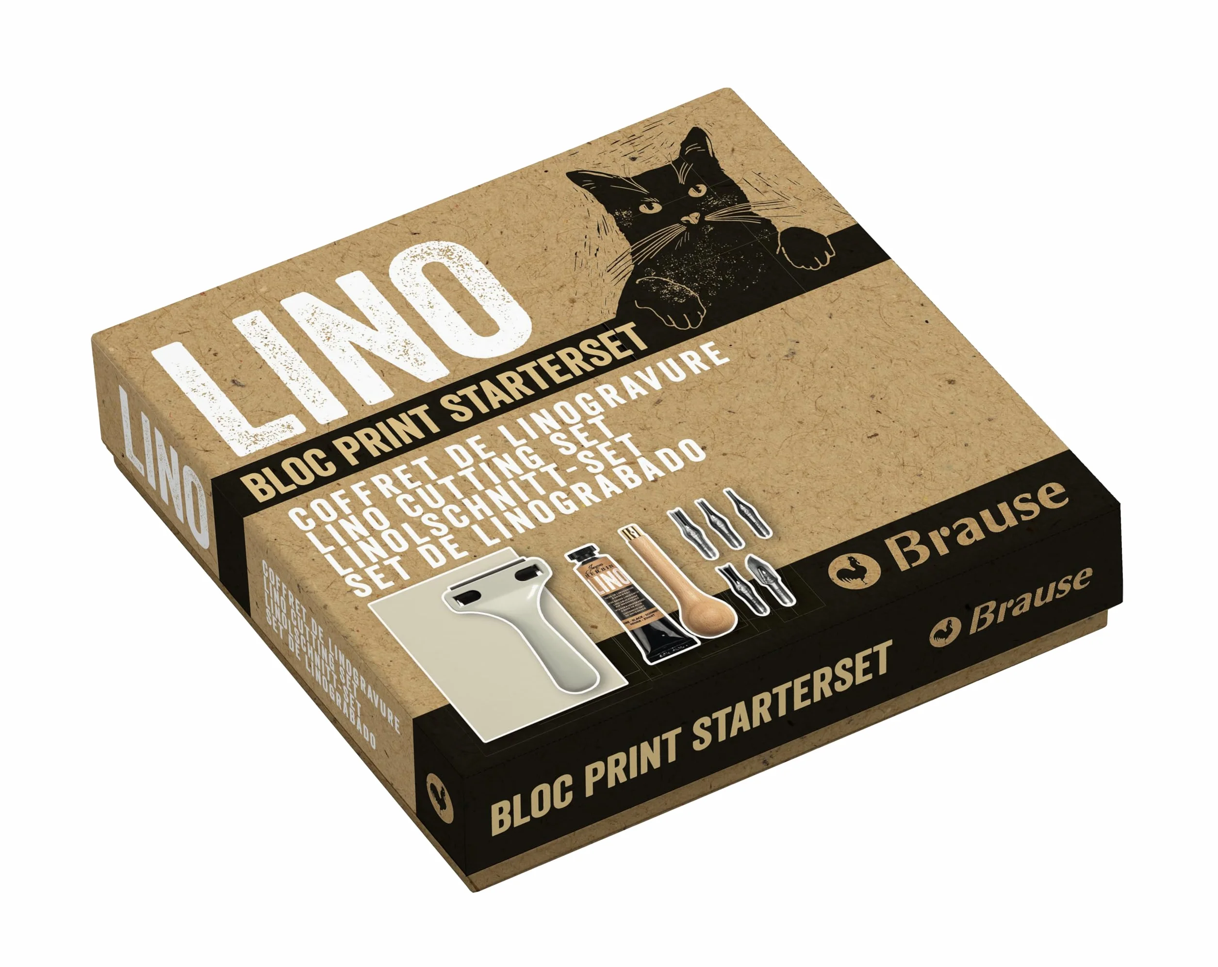Brause 892B - Confezione di apprendimento della linoleografia che include un manico in legno, 5 sgorbie, un tubetto di inchiostro, una tavolozza, una lastra di linoleum A6, un estrattore e un rullo