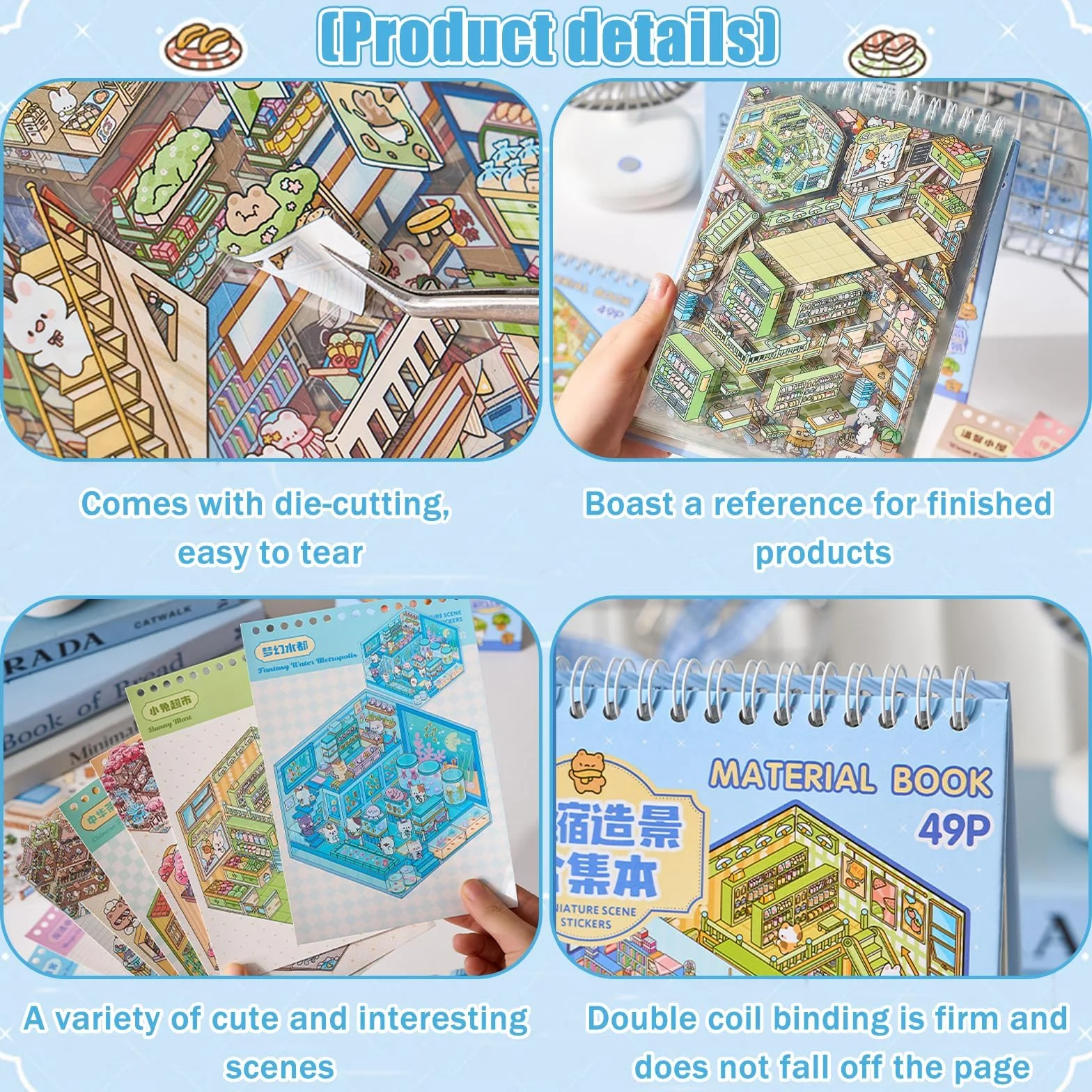Adesivi 3D Sticker, aAdesivi di Scena, aAdesivi per la Casa Fai Da Te, 3D Sticker Kit di Adesivi per Casa in Miniatura per Scrapbook e Diario, con 2 Pinzette (1, Blu)
