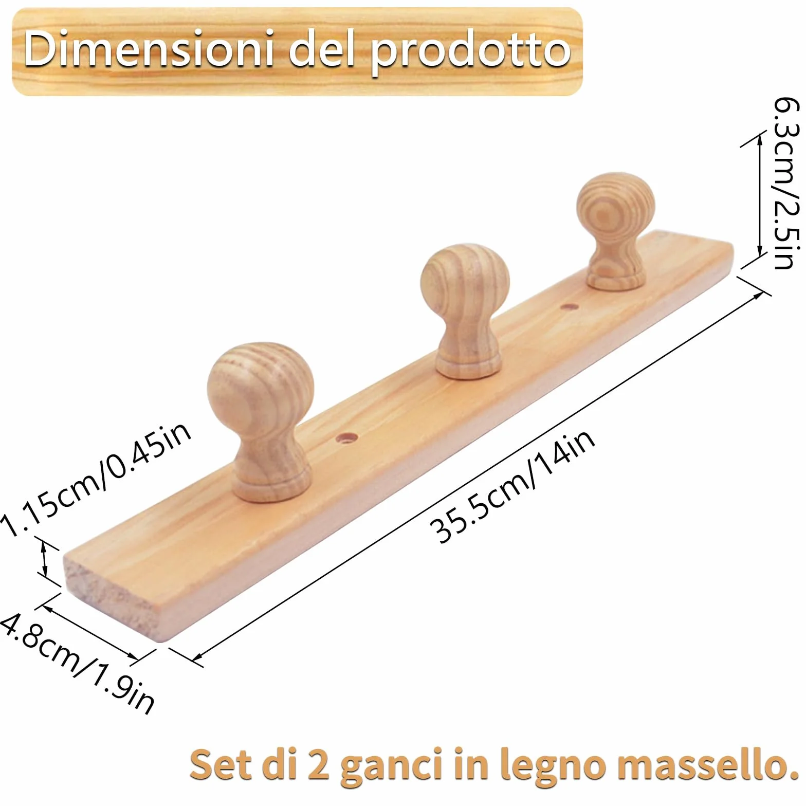 2 Pezzi Appendiabiti da Parete in Legno Massello con 3 Ganci di Design Moderno Attaccapanni da Muro Salvaspazio per Ingresso Camera da Letto Bagno