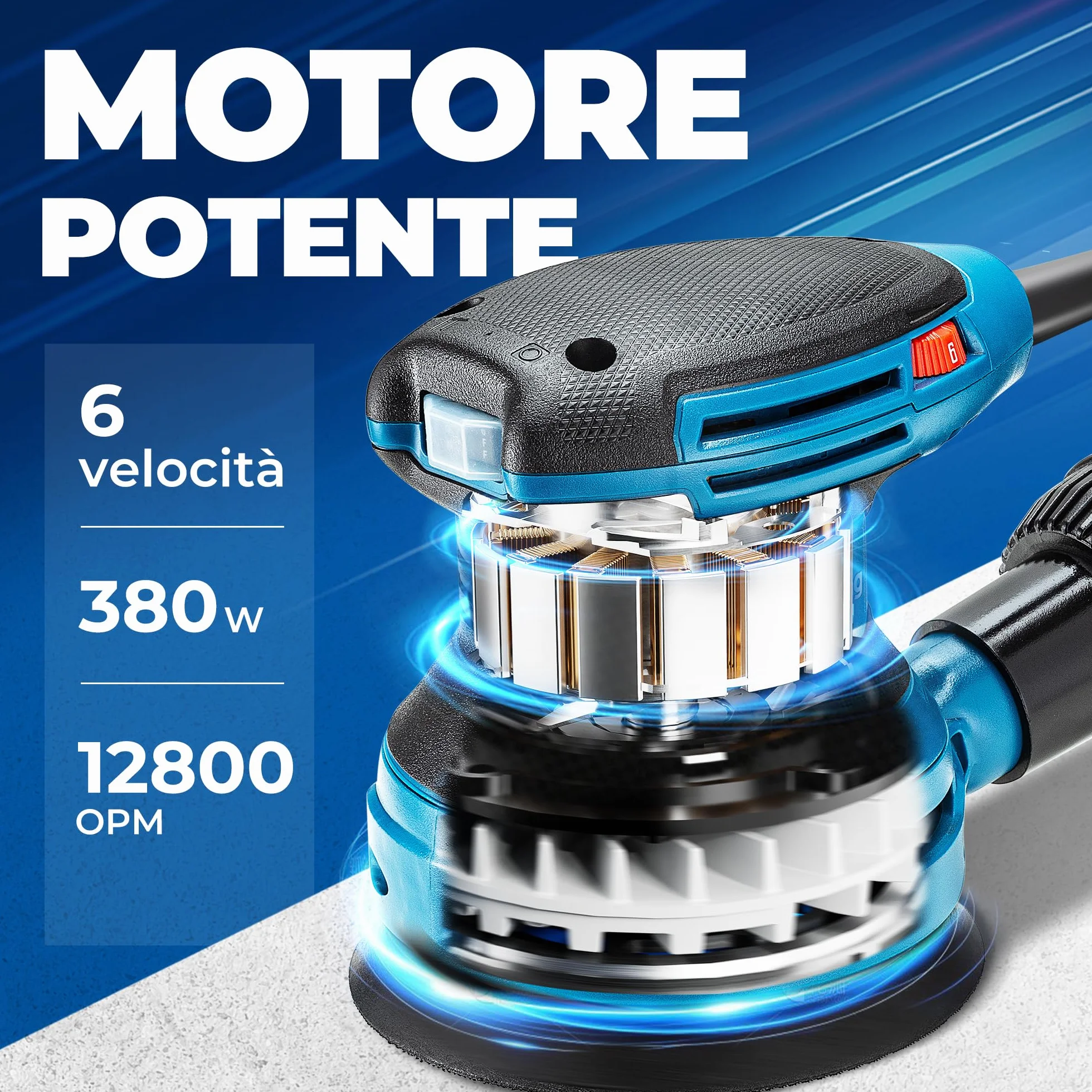 Dong Cheng Levigatrice eccentrica 380 W 125 mm 6 vel. 8000-12800 giri/min con depolveratore 20 dischi abrasivi