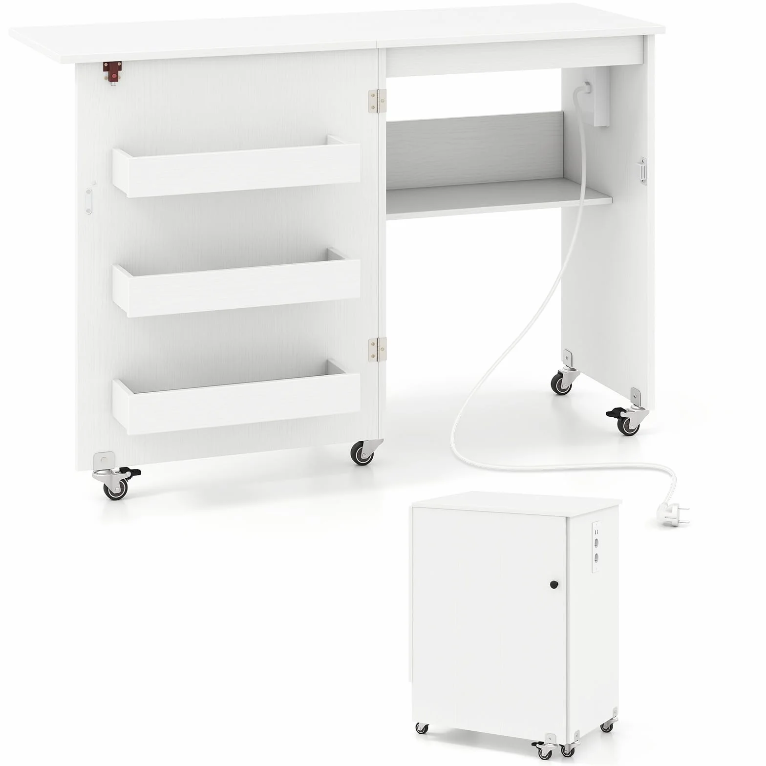 COSTWAY Mobile per Macchina da Cucire Pieghevole, Tavolo da Cucito con Stazione di Ricarica, Ruote Bloccabili, Ripiano e Contenitori (Bianco, 116 x 41 x 78 cm)