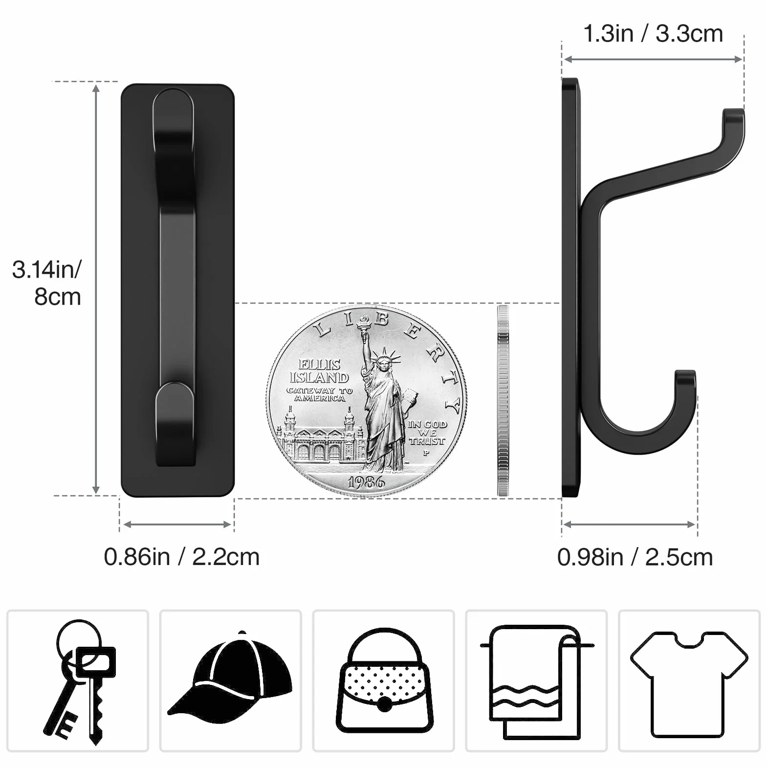 Pickpiff Gancio Adesivo da Parete, Porta Asciugamani da Bagno, Ganci Adesivi Strofinaccio da Cucina, Impermeabile, Antiruggine, Nero, 4 Pezzi