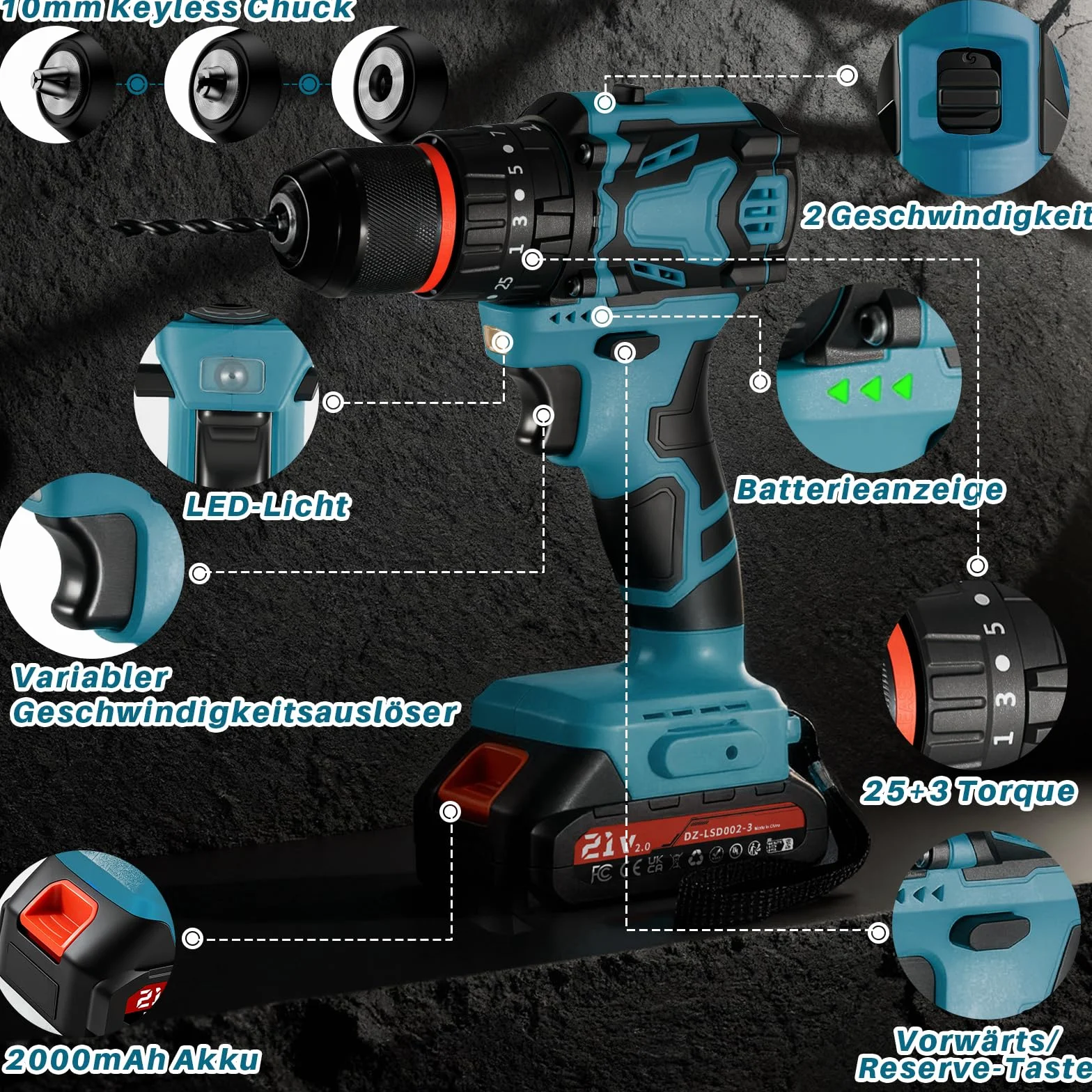 Trapano avvitatore a batteria brushless, trapano a percussione 21V, 70 Nm,con 2 2,0 Ah batterie, 25+3 impostazioni di coppia, 2 velocità, luce LED, avvitatore elettrico Ideale per forare e avvitare