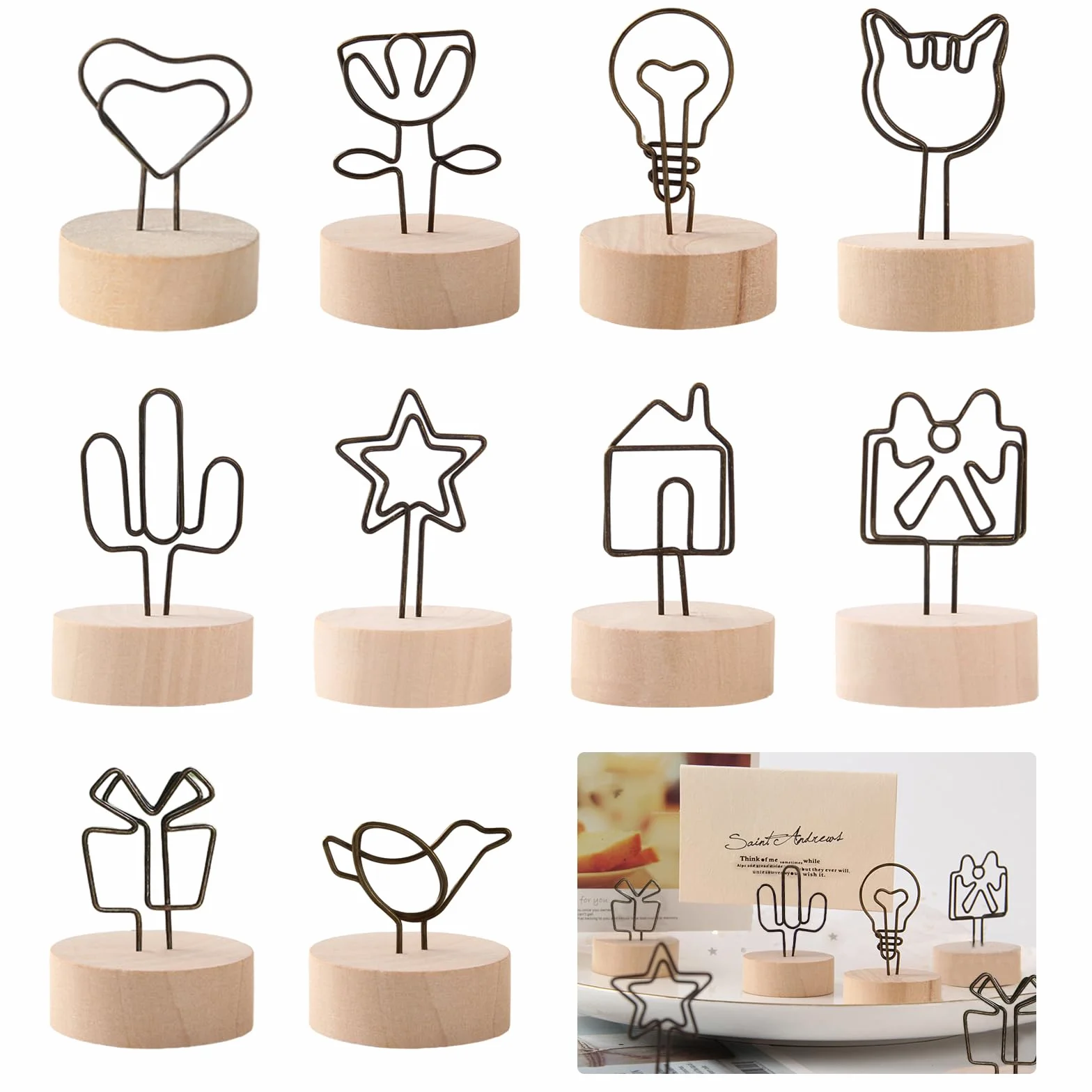 10 Pezzi Segnaposto Matrimonio Piccolo, Segnaposto Tavolo in Legno, Porta Foto, Supporti per Cartellini Segnaposto in Metallo Porta Memo, Memo Clip per Ristoranti, Matrimonio, Compleanno