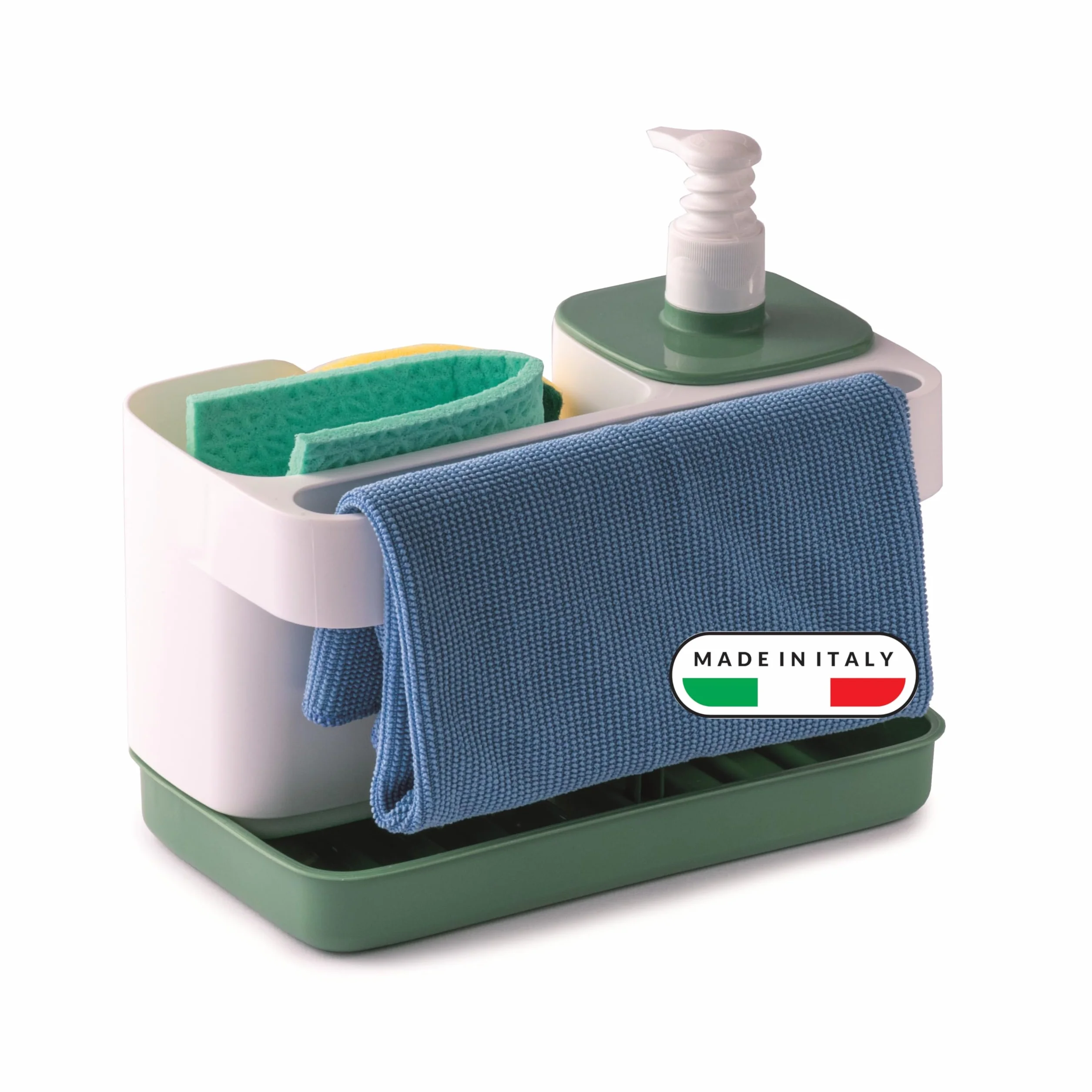 Snips Riordinello Porta Spugne Lavello Cucina 3 in 1, Dispenser Sapone 400 ml con Dosatore, Porta Strofinacci e Organizer Lavello, Accessorio Salvaspazio Cucina, 21 x 12 x 18 cm, Made in Italy