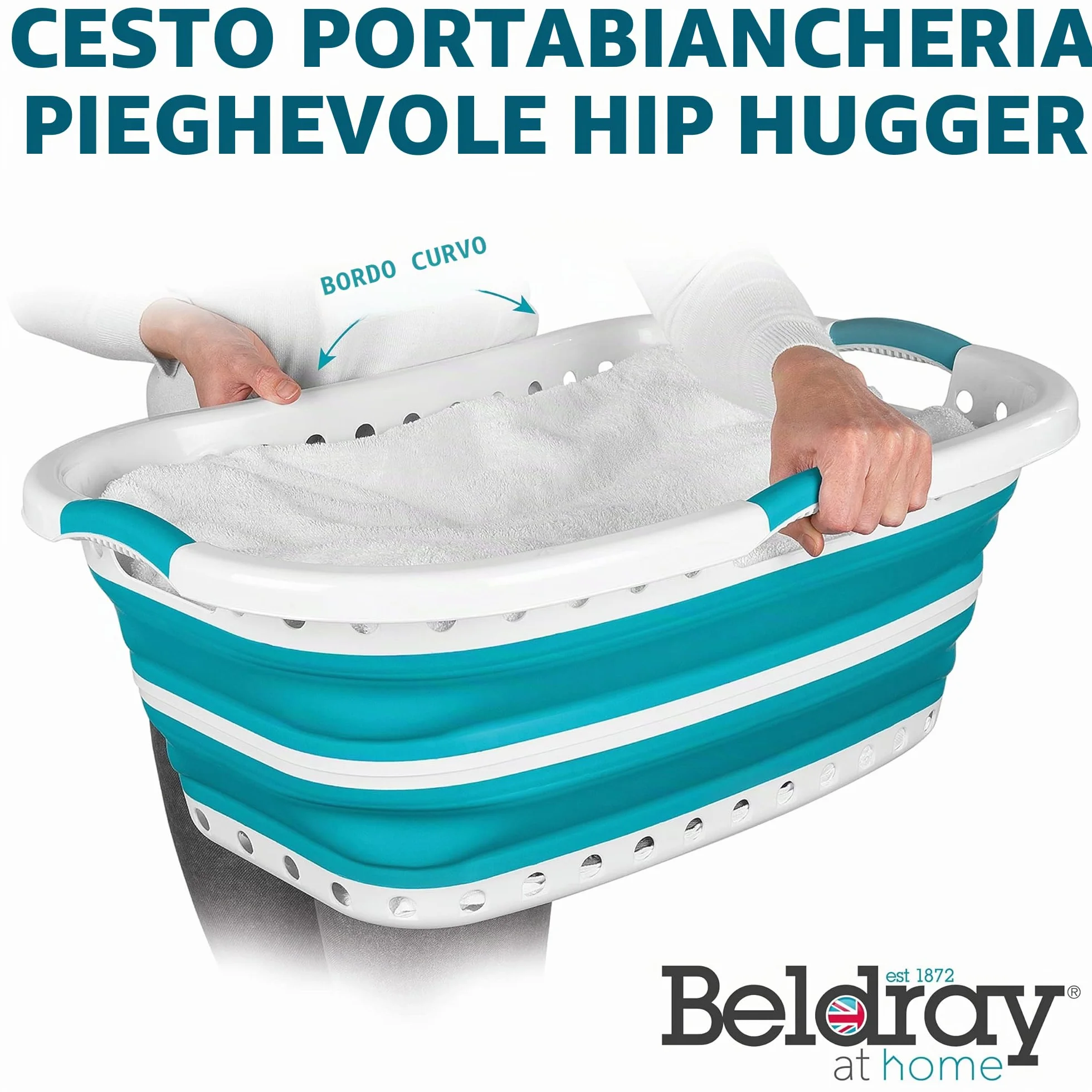 Beldray LA072979TQEU Cestello per bucato, curvo e sagomato per adattarsi al corpo, design ovale che abbracia i fianchi, cestello pieghevole, manici ergonomici per trasporto antiscivolo, 37 l, turchese